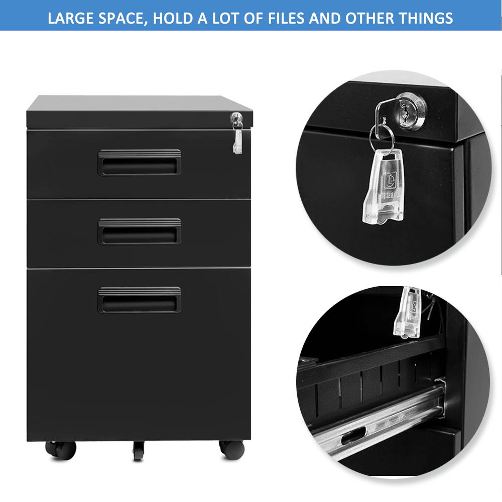 3-Drawer Metal Mobile File Cabinet with Lock, 20-1/2w x 15-1/2d x 23-3/8h, Black