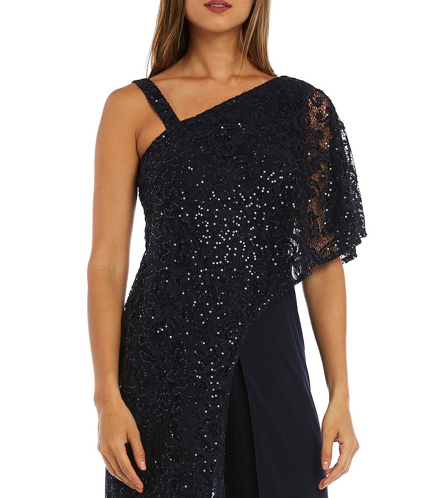 R & M Richards Embroidered Sequin One Shoulder Jumpsuit