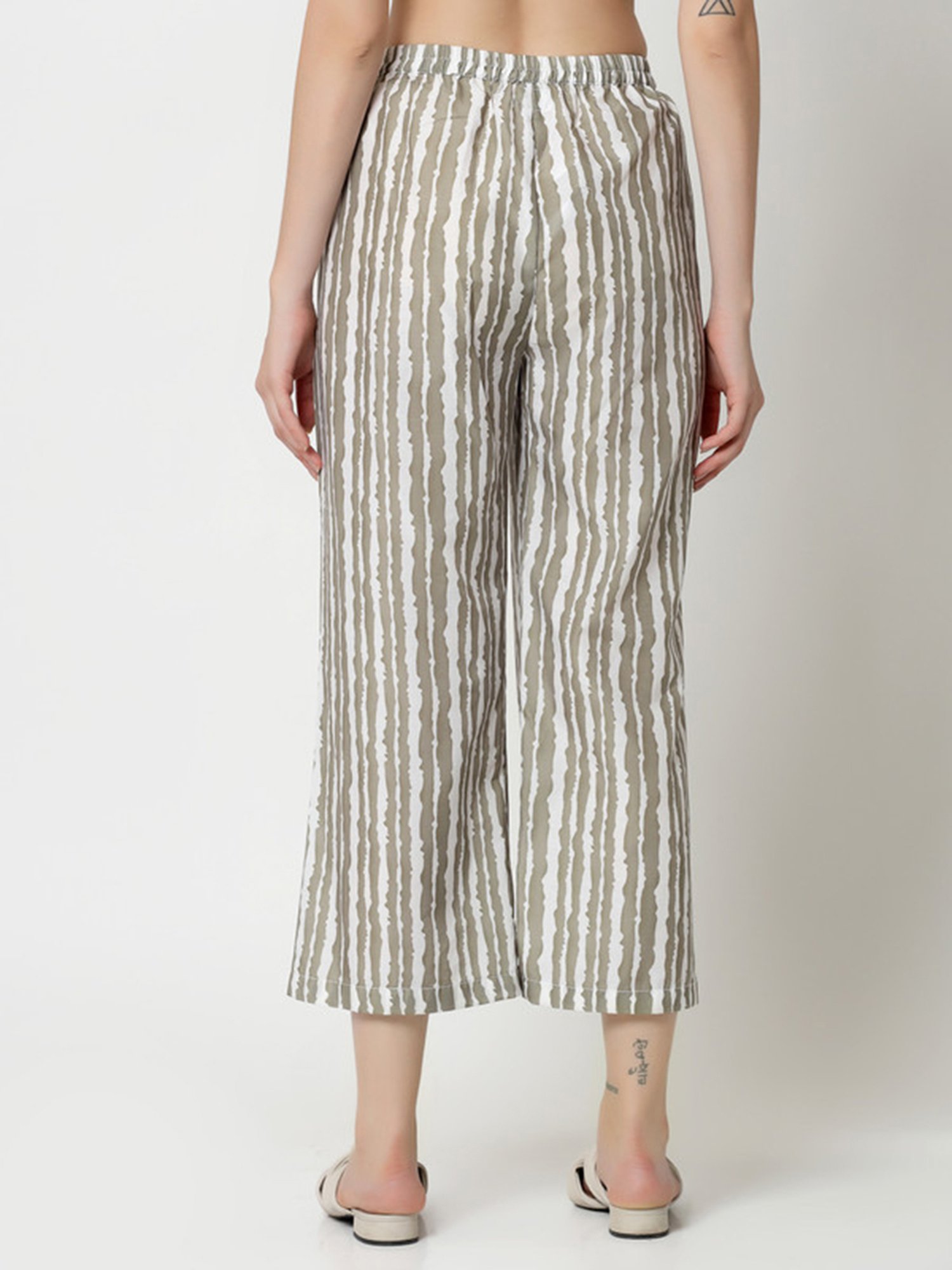 Office & You Olive Striped Regular Fit Mid Rise Palazzos