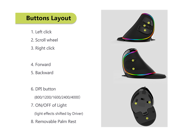 DELUX Wired Ergonomic Mouse, RGB Vertical Optical Mouse with 6 Programmable Buttons, 4000 DPI and Removable Palm Rest, Ergonomic Gaming Mouse Reduces Hand and Wrist Pain (M618PLUS RGB-Black)