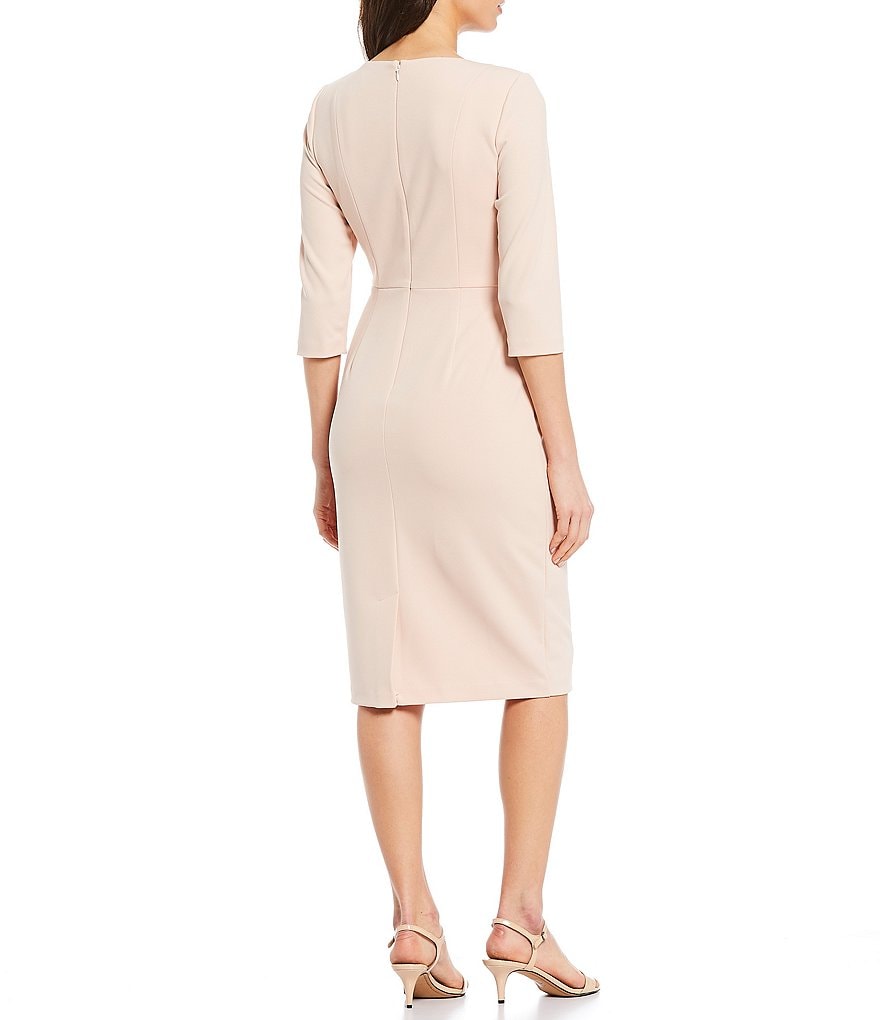 Adrianna Papell Stretch Crepe Knit Tie Waist 3/4 Sleeve Midi Sheath Dress