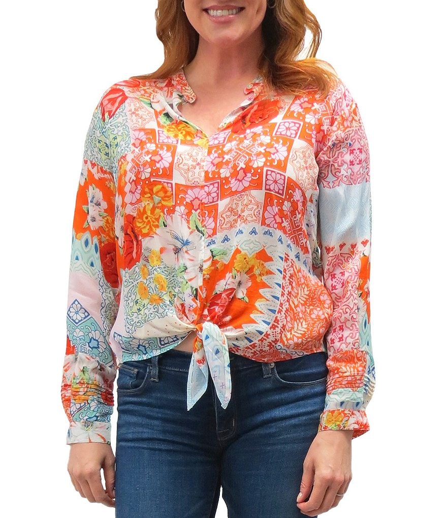 Karyn Seo Penni Patch Print Point Collar Long Sleeve Tie Front Shirt