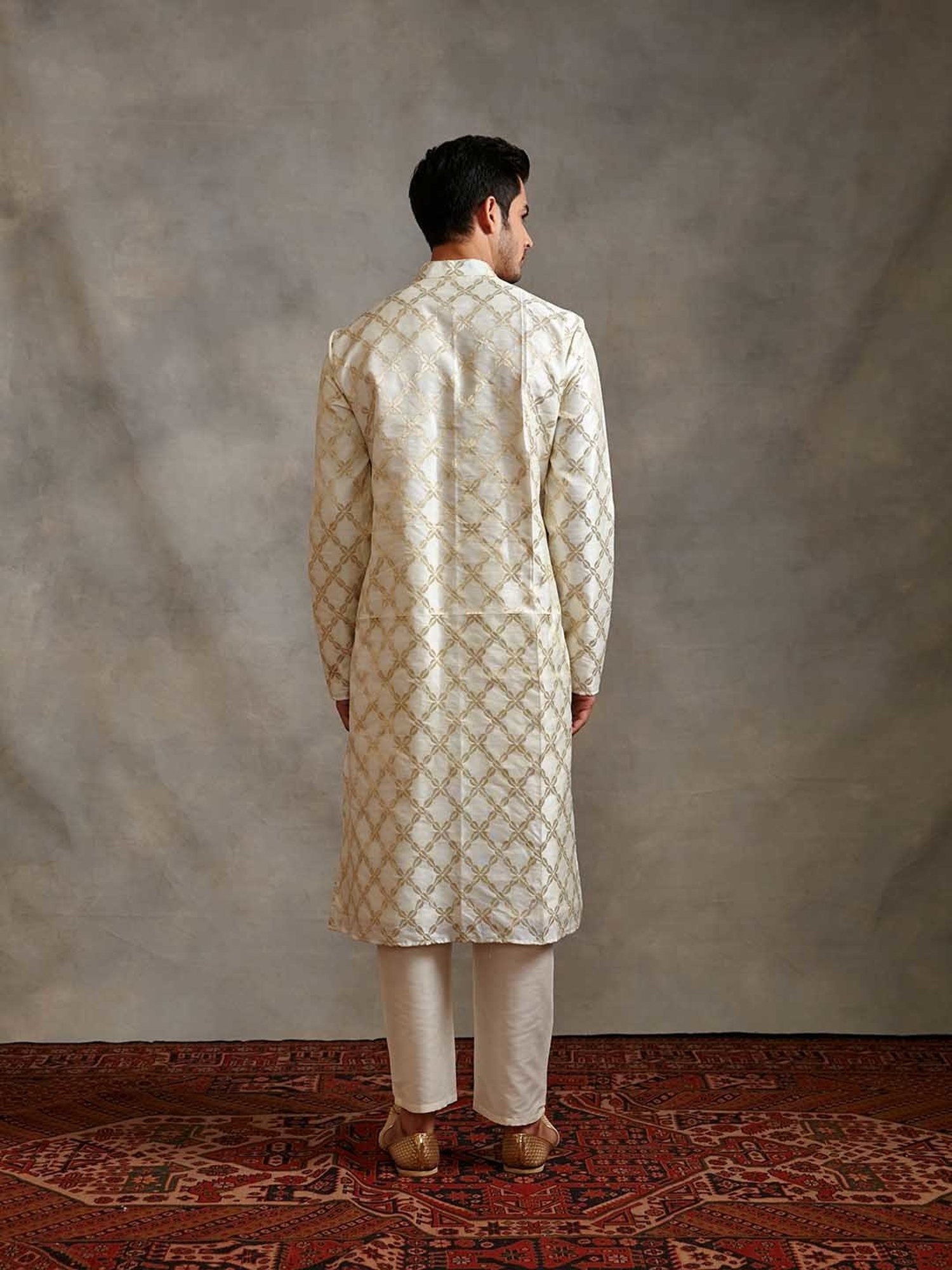 Abhishti Cream Regular Fit Banarasi Kurta & Straight Pants