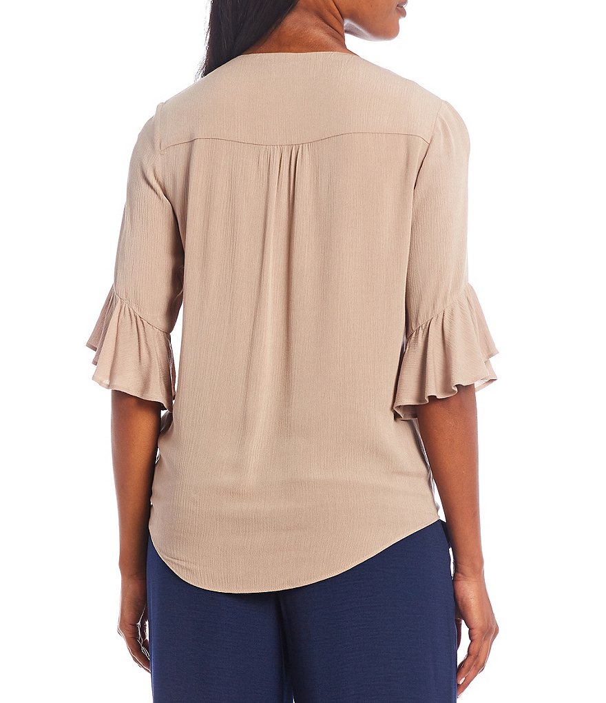 I.N. Studio Solid Crepon V-Neck Button Down Tie Front Top