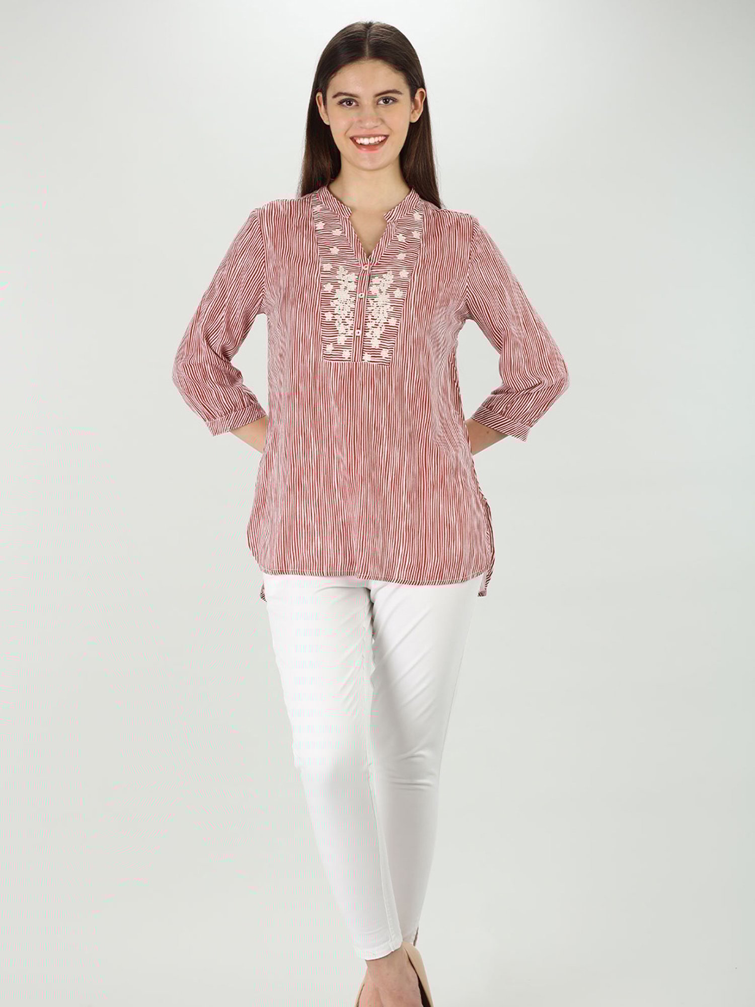 Mustard Red & White Striped Shirt