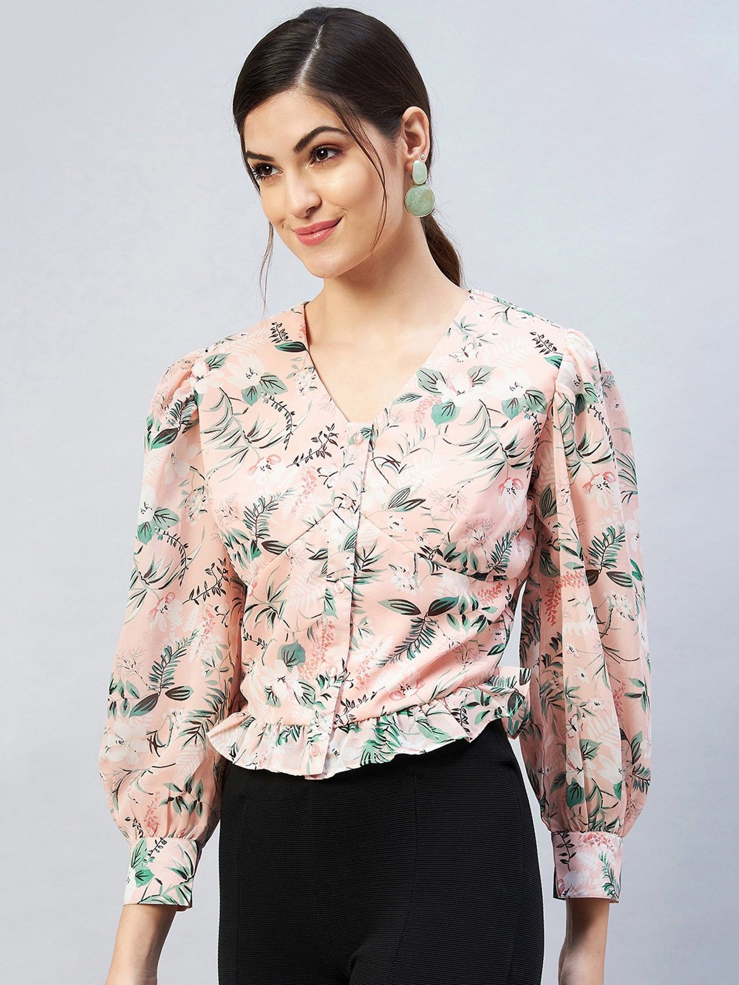 Carlton London Peach Floral Print Peplum Top