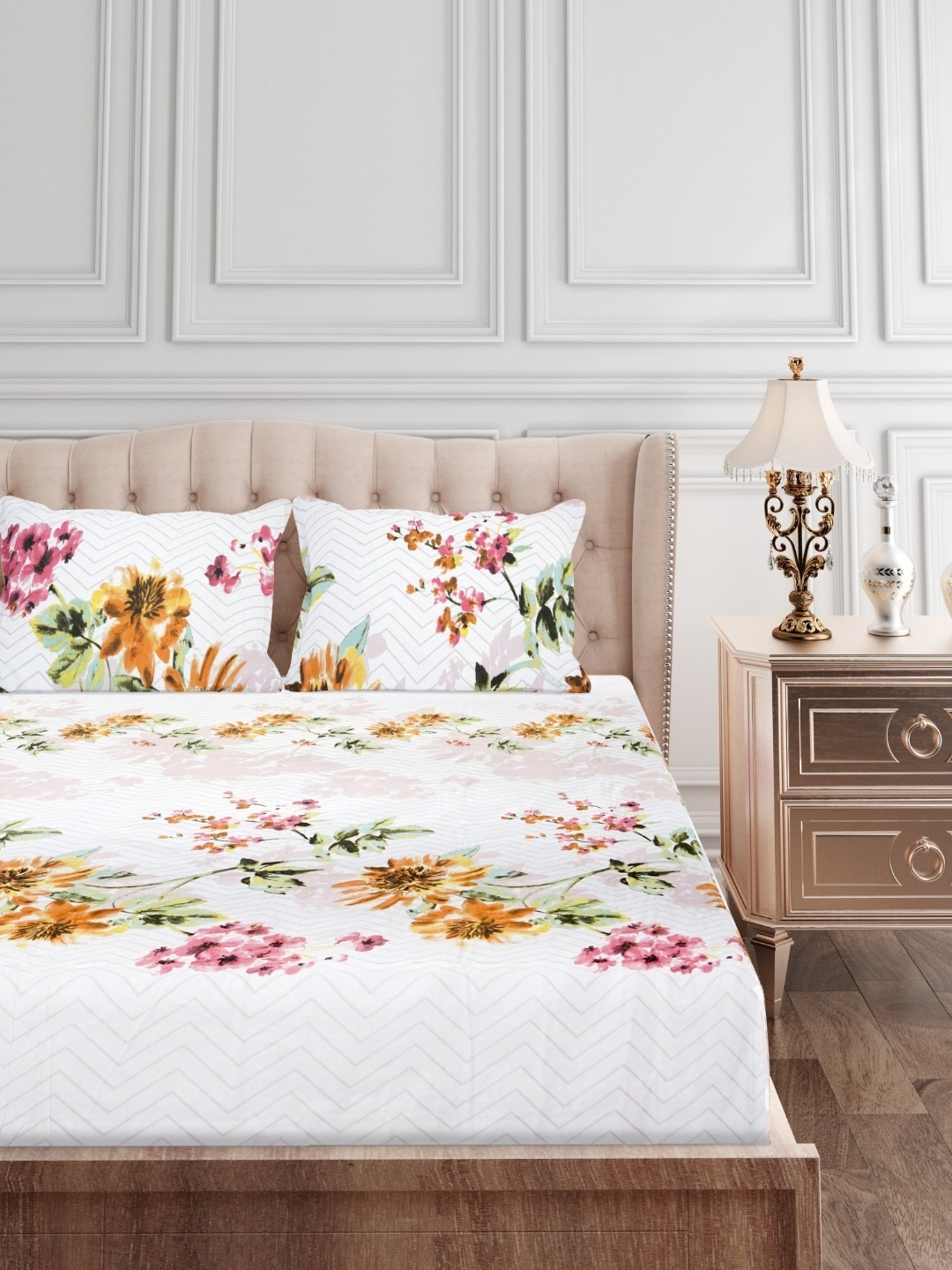 SEJ by Nisha Gupta Floral Brown 160 TC Cotton Double Bed Sheet with 2 Pillow Covers