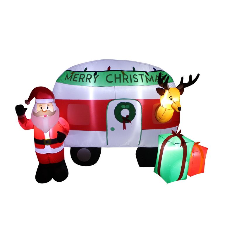 A Holiday Company Heavy Duty 8 Foot Weather Resistant Self Inflatable Blow up Santa Reindeer Christmas Camper Holiday Lawn Decoration with LED Lights