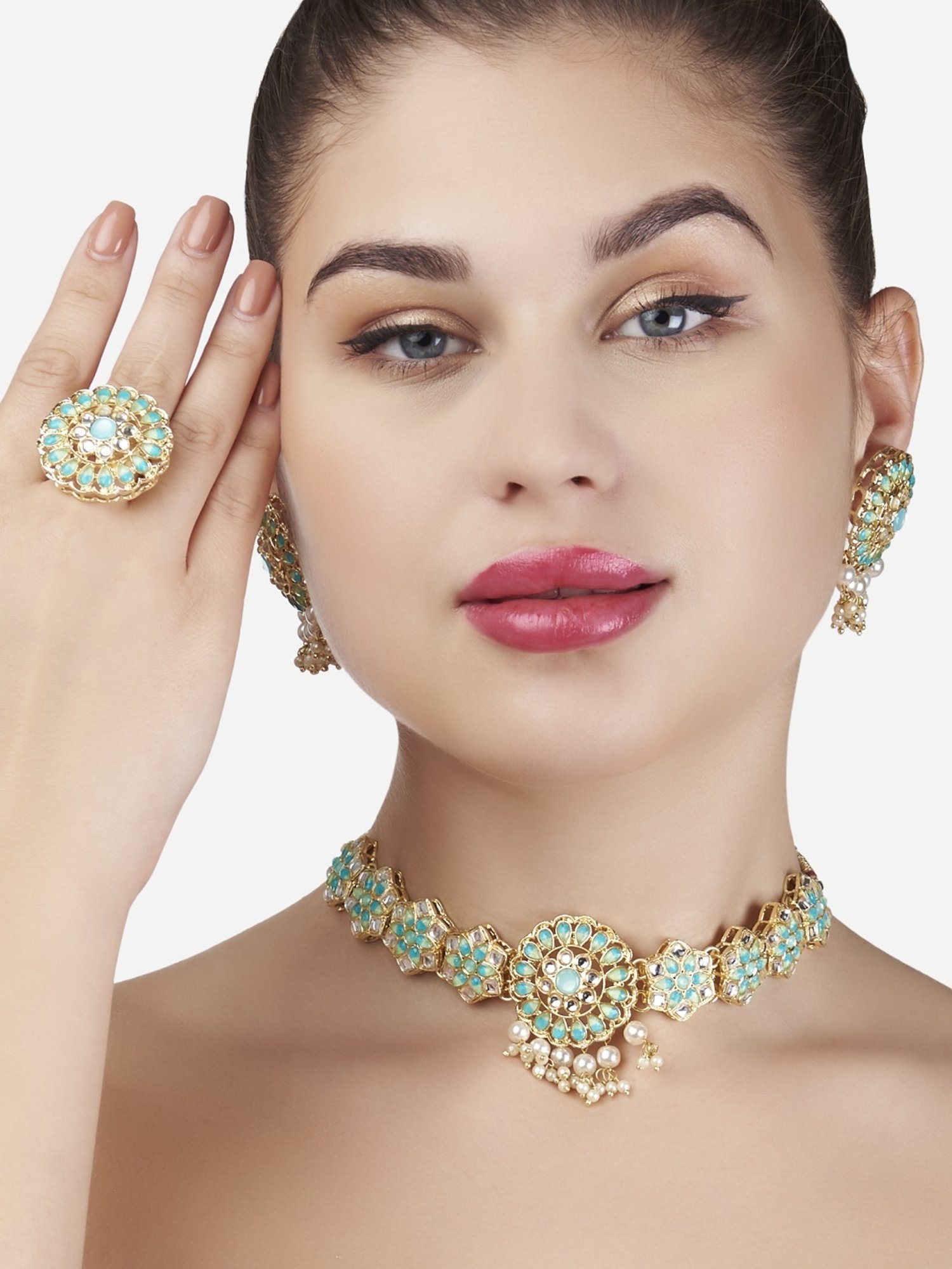 Zaveri Pearls Turquoise & Green Stones Necklace, Earring & Ring Set