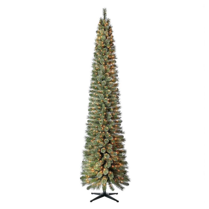 Home Heritage 9 Foot Pre-Lit Skinny Artificial Stanley Pencil Pine Christmas Tree with Clear White Lights, Foldable Stand and Easy Assembly