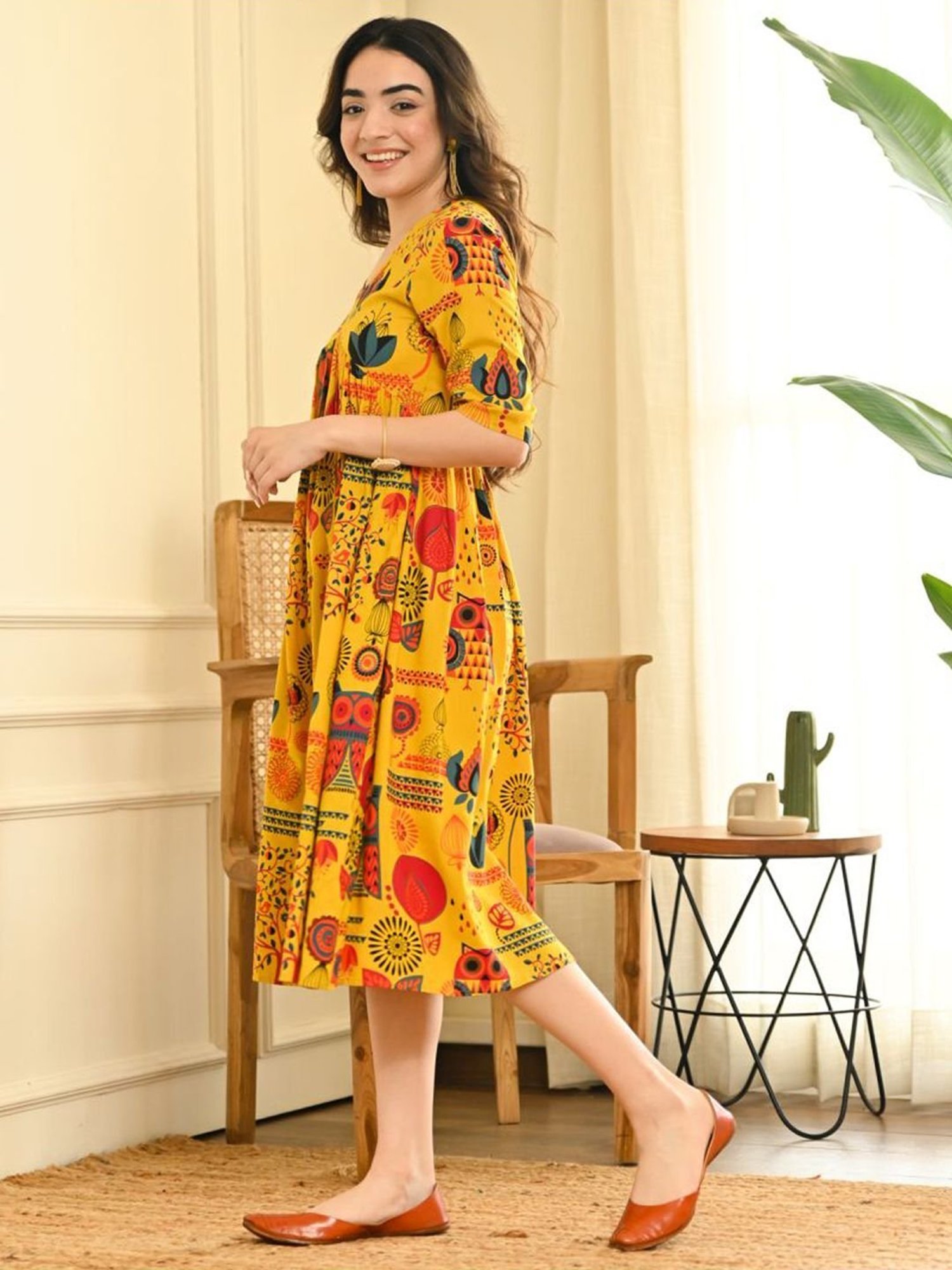 Rustorange Yellow Printed A-Line Dress