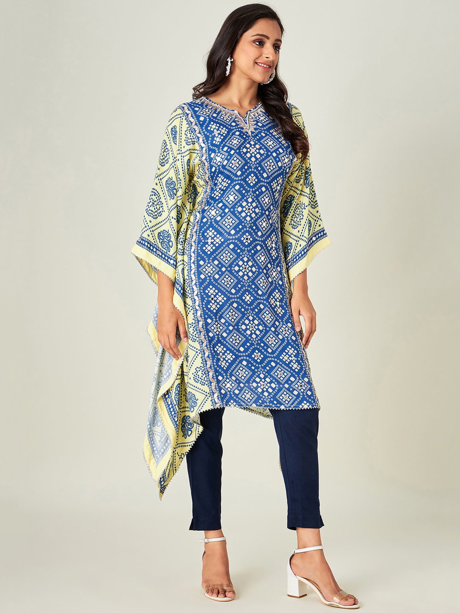 The Kaftan Company Blue & Yellow Bandhani A Line Kaftan Kurta