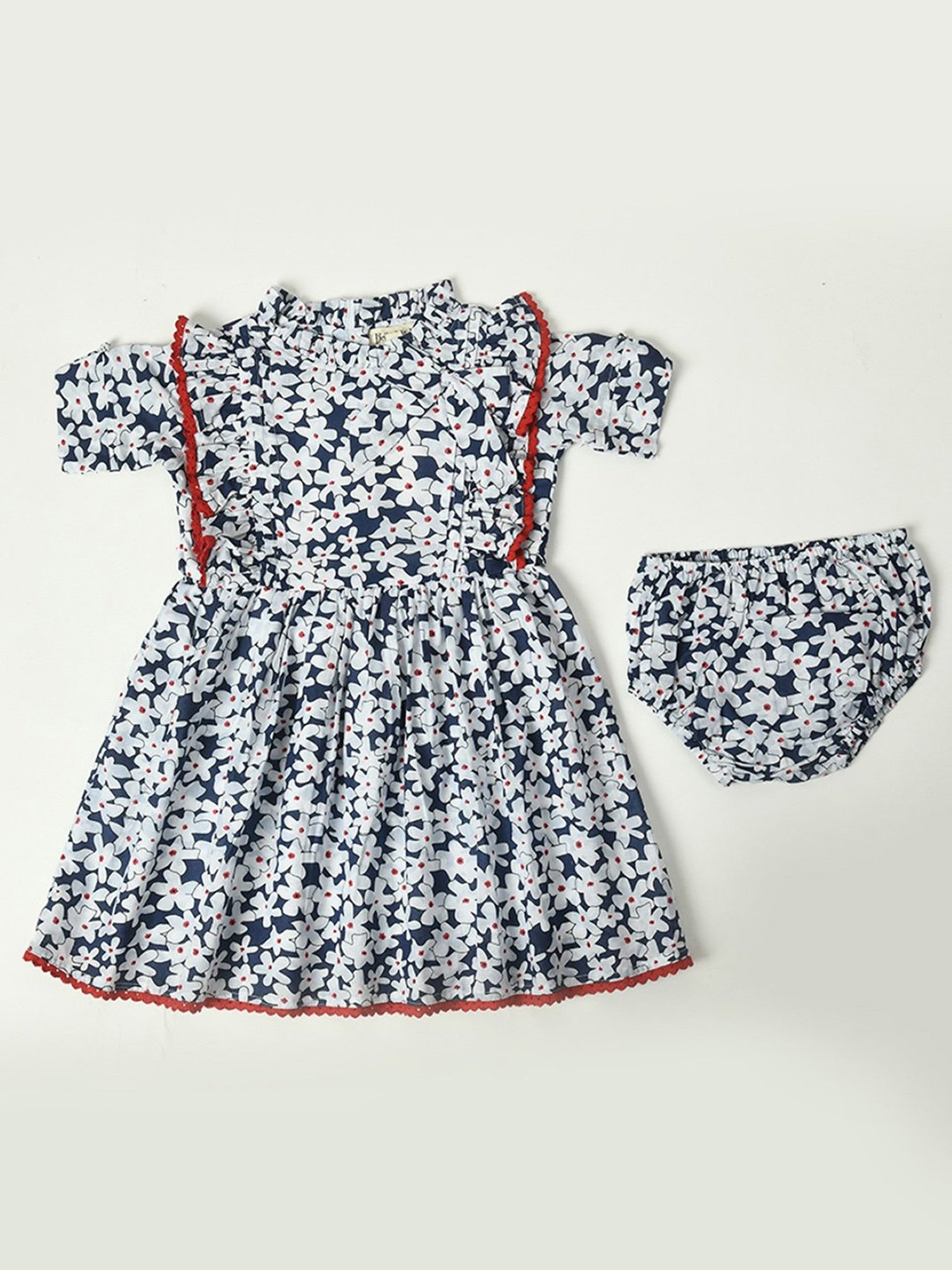 Bella Moda Kids Blue & White Floral Print Fit & Flare Dress with Bloomers