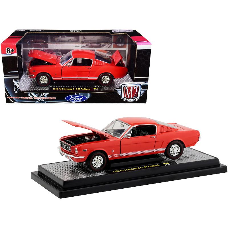 1965 Ford Mustang 2+2 GT Fastback Rangoon Red with White Stripes Ltd Ed 7000 pcs 1/24 Diecast Model Car by M2 Machines