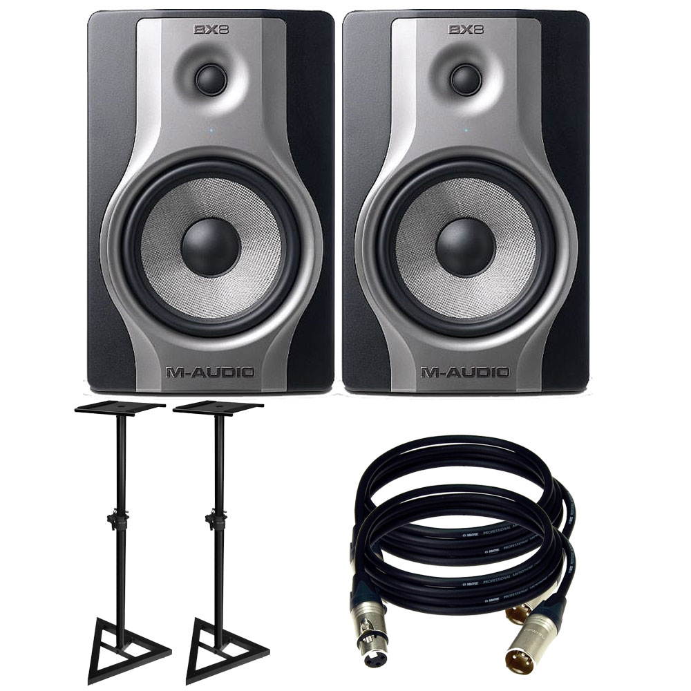 M-Audio BX8 Carbon  Speaker Studio Monitors for Music Production and Mixing. With Free Speakers Stands and XLR Cables.