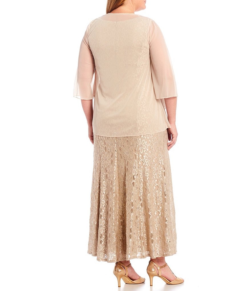 R & M Richards Plus Size Glitter Lace Beaded Round Neck 3/4 Sleeve 2-Piece Jacket Gown