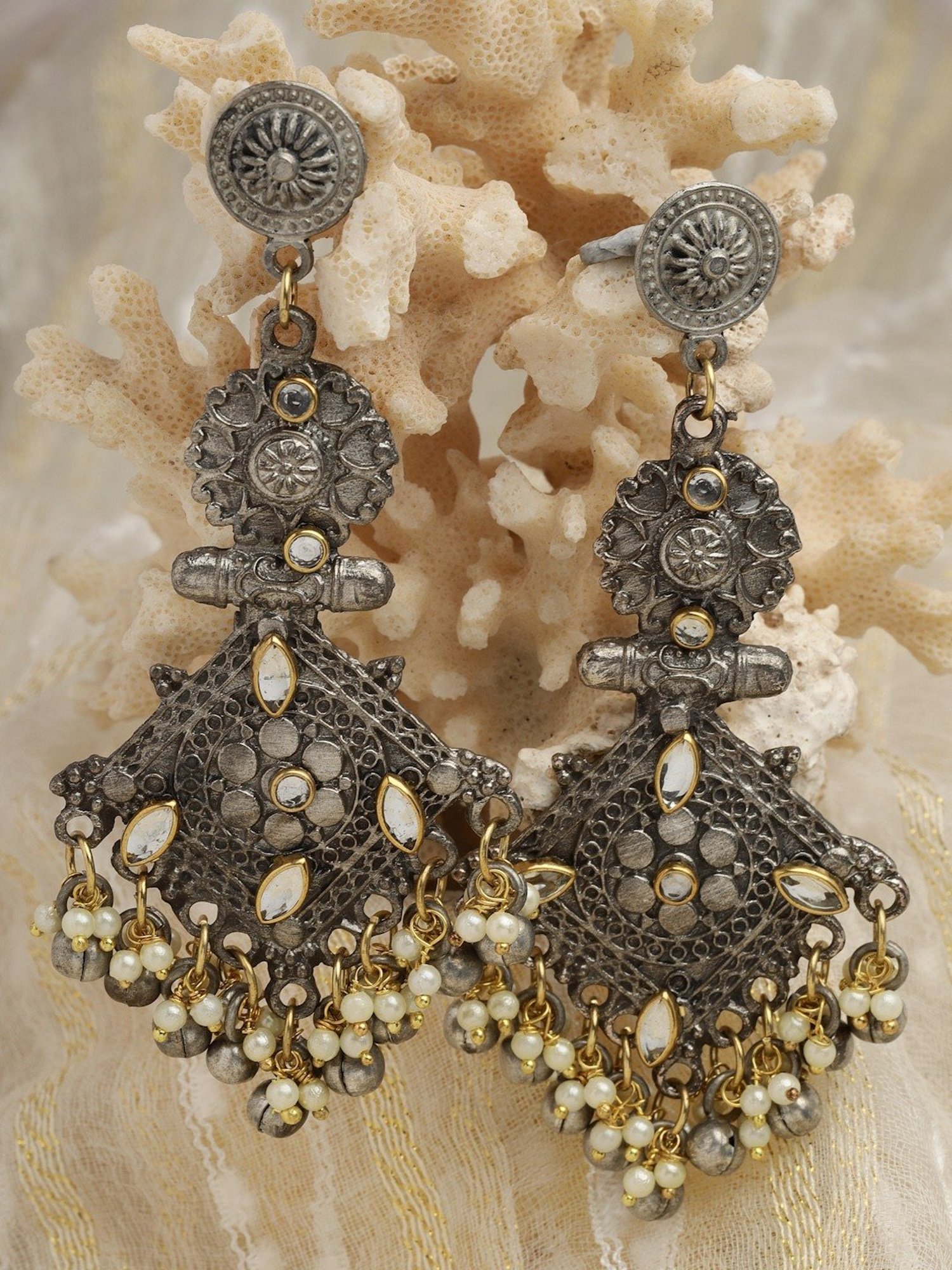 Moedbuille Crystal Ghungroo & Pearl Studded Antique Design Silver-Plated Tassel Dangler Earrings