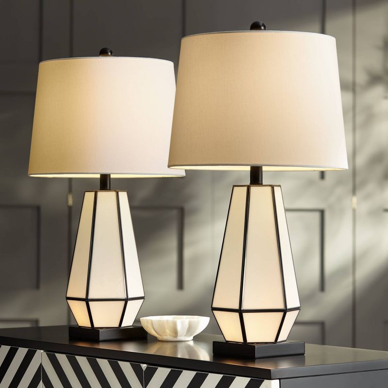 360 Lighting Modern Table Lamps Set of 2 with Night Light Bronze Geometric White Glass Drum Shade Decor Living Room Bedroom House