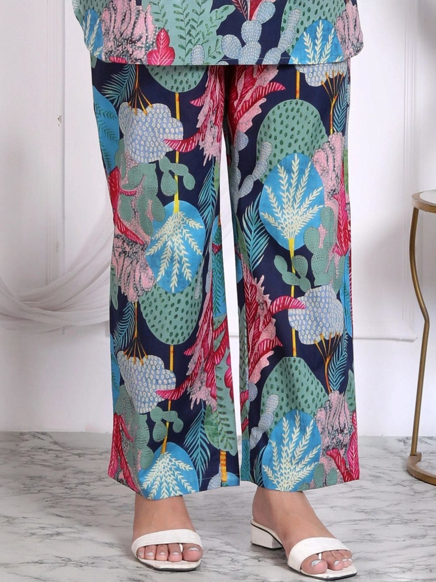 Kaftanize Multicolored Tropical Collage Printed Cotton Tunic with Pant