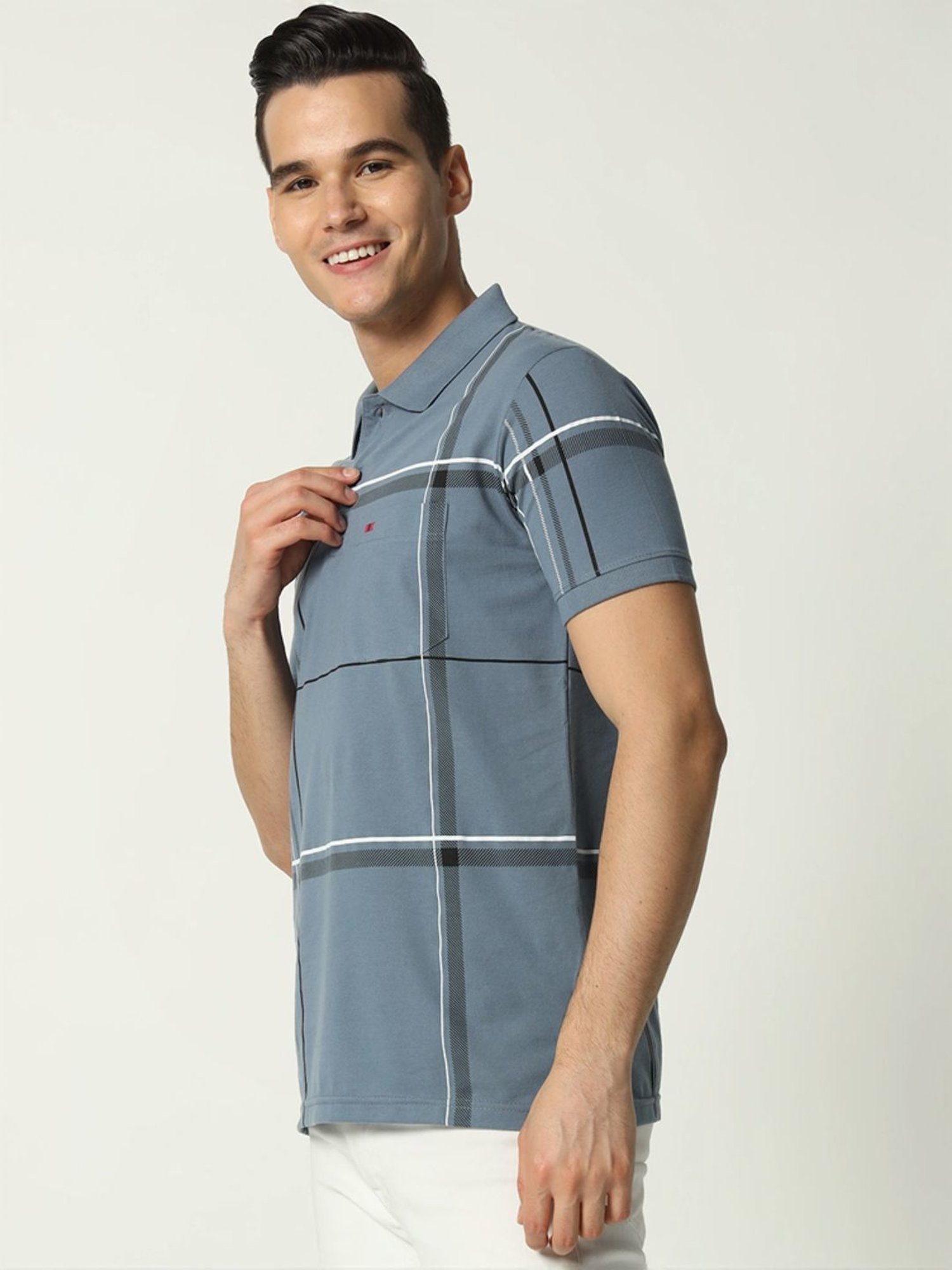 Tab91 Grey Regular Fit Checks Polo T-Shirts