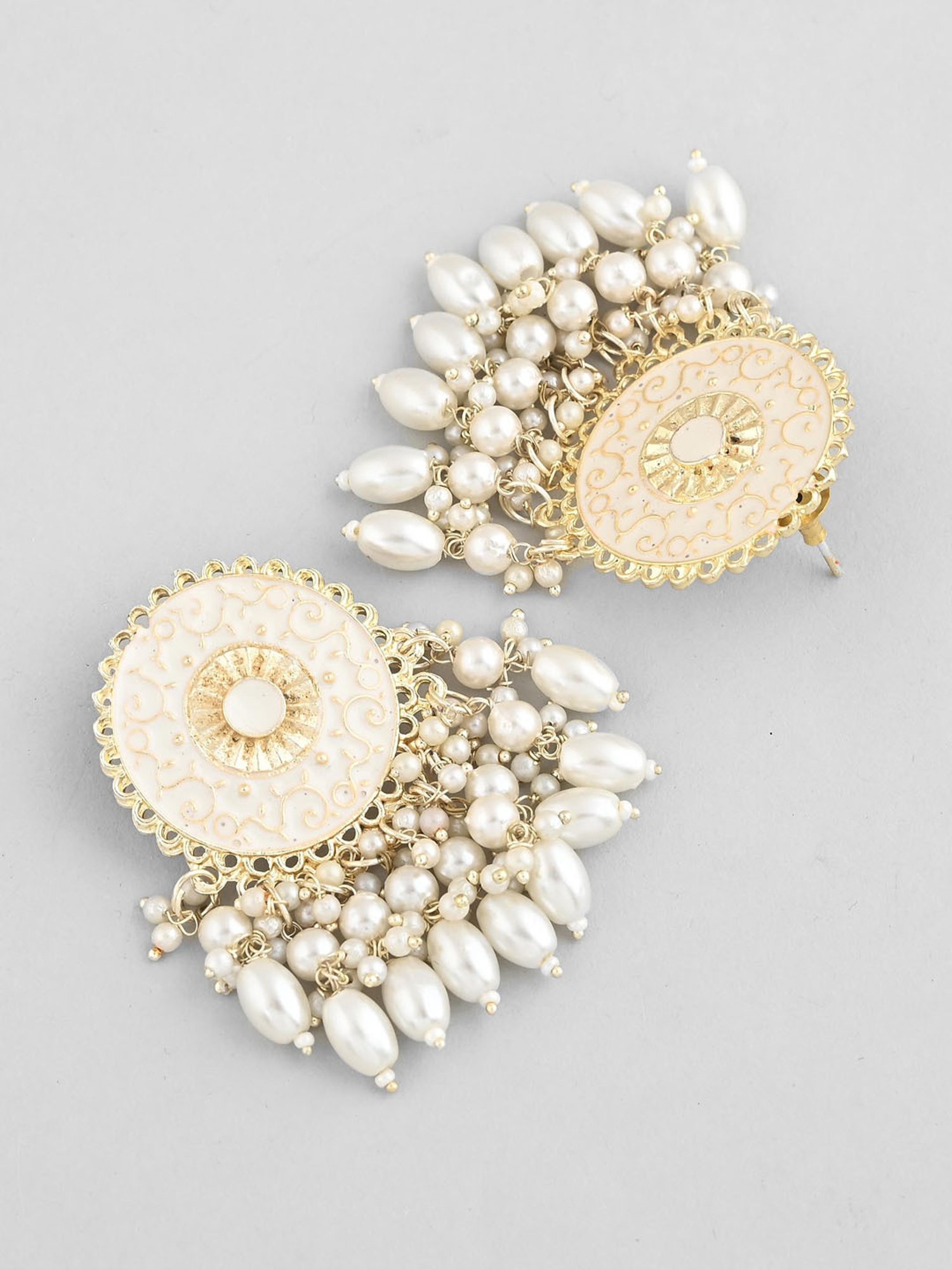 VOJ Gold Plated White Circular Earrings with Pearls for Women