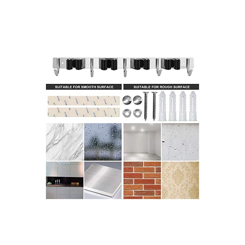 Garage Storage Stainless Steel Mop Broom Holder Wall Mount Heavy Duty Tools Hanger with 4 Racks 5 Hooks for Kitchen Bathroom Closet Garage Office Garden