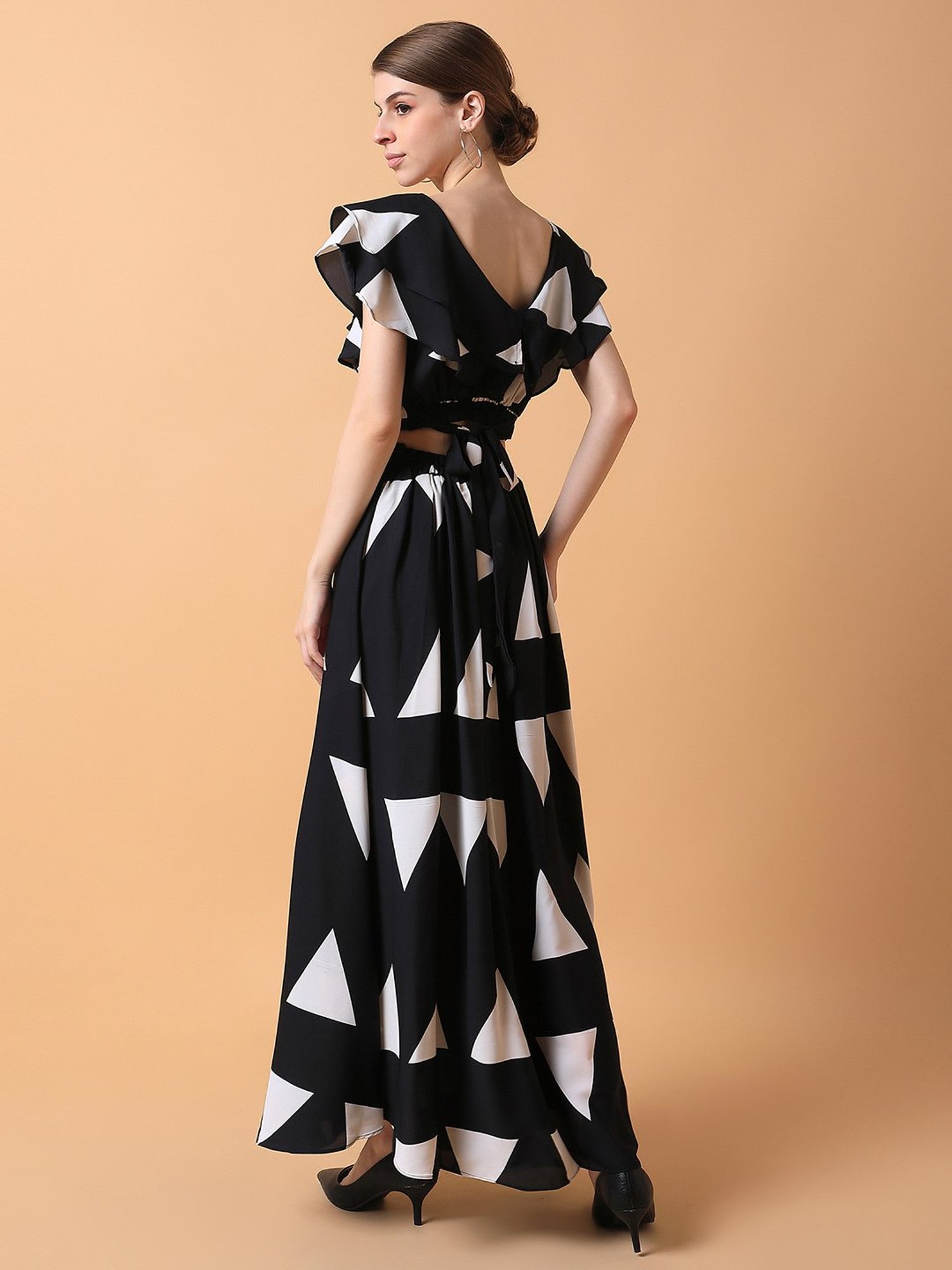 SHOWOFF Black & White Printed Crop Top With Palazzos