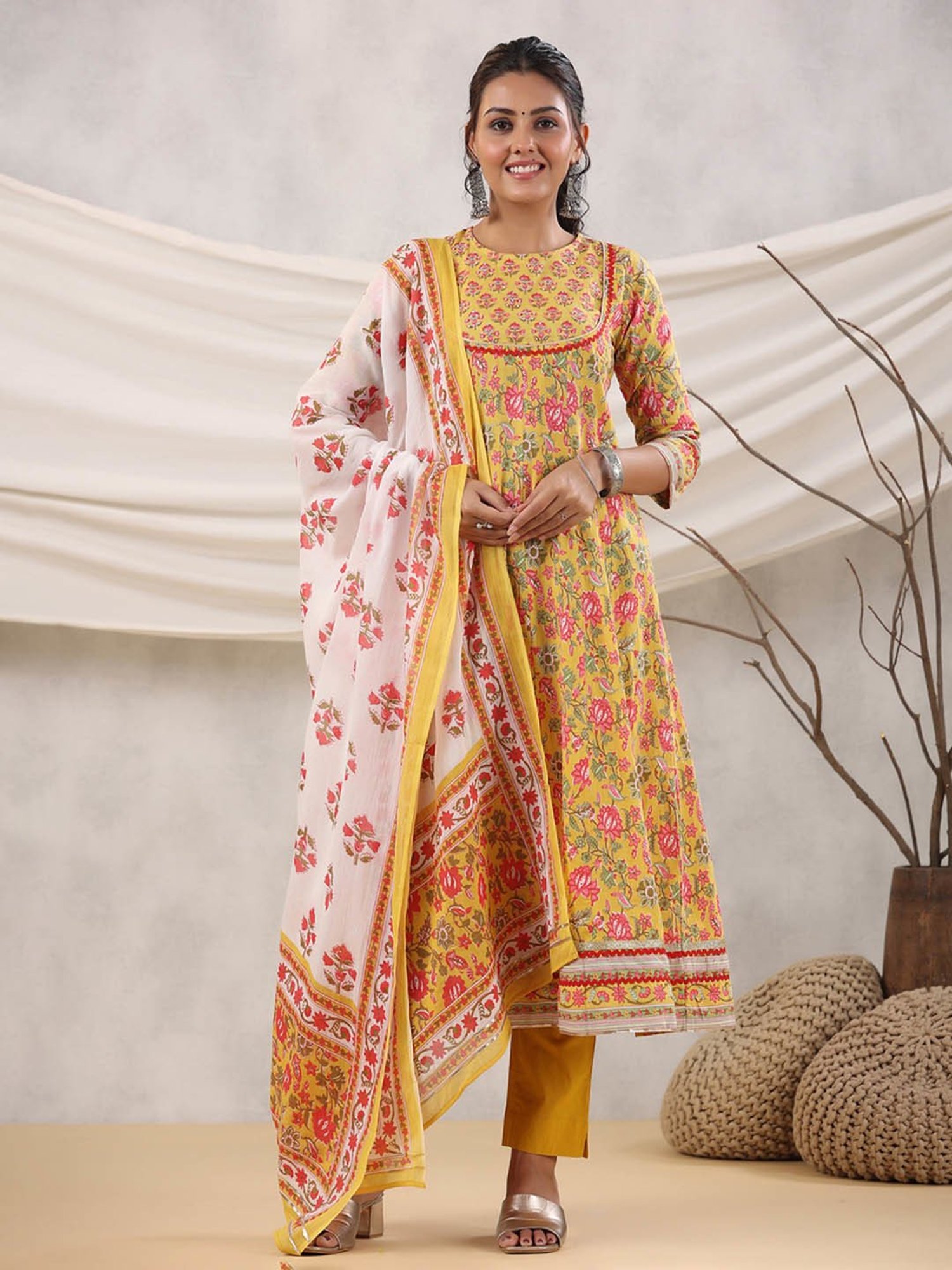 Rain and Rainbow Mustard Cotton Floral Print Anarkali Kurta With Pant & Dupatta