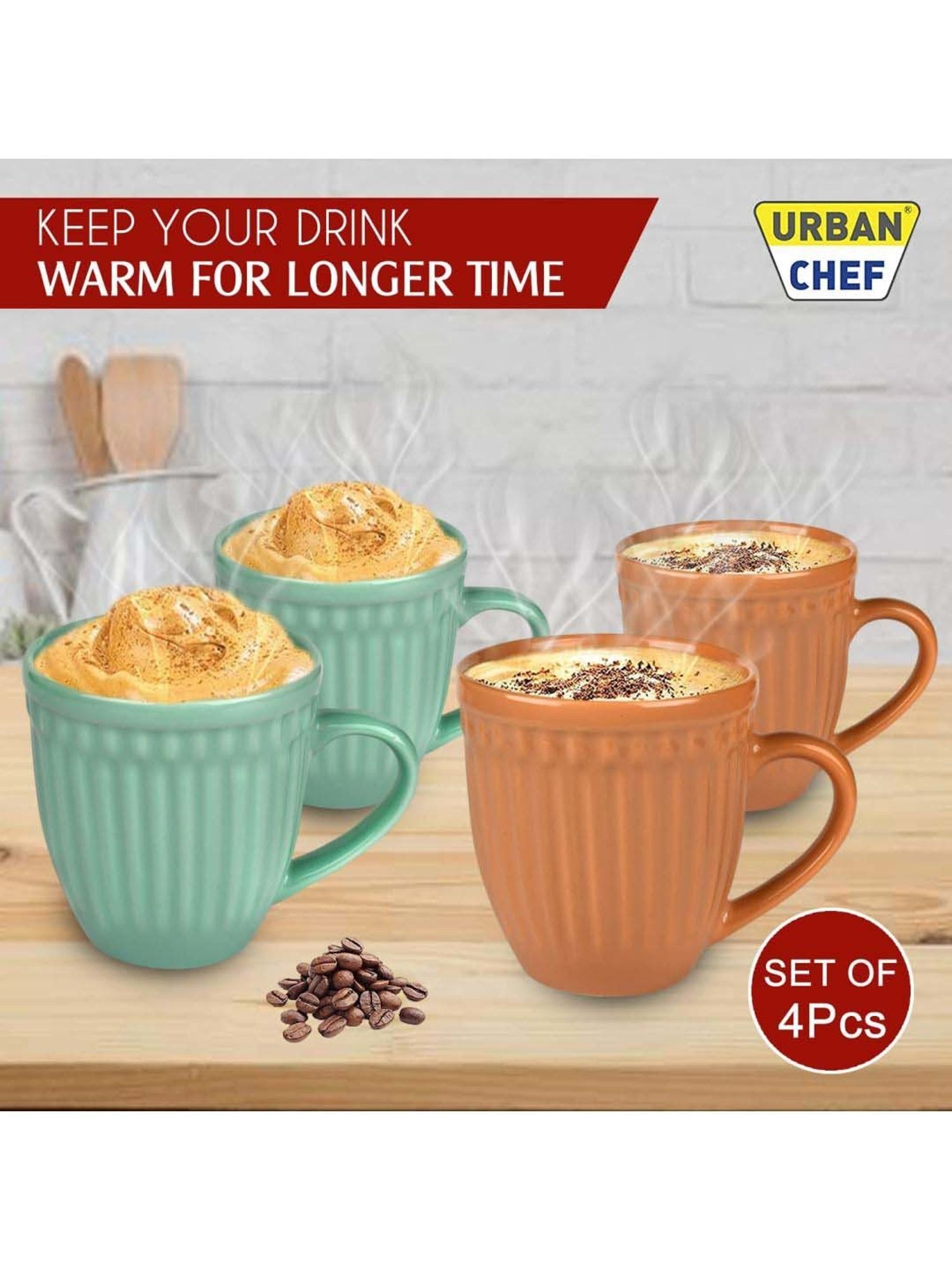 Urban Chef Brown & Green Ceramic Handcrafted Microwave Safe Tea Cup - Set of 4