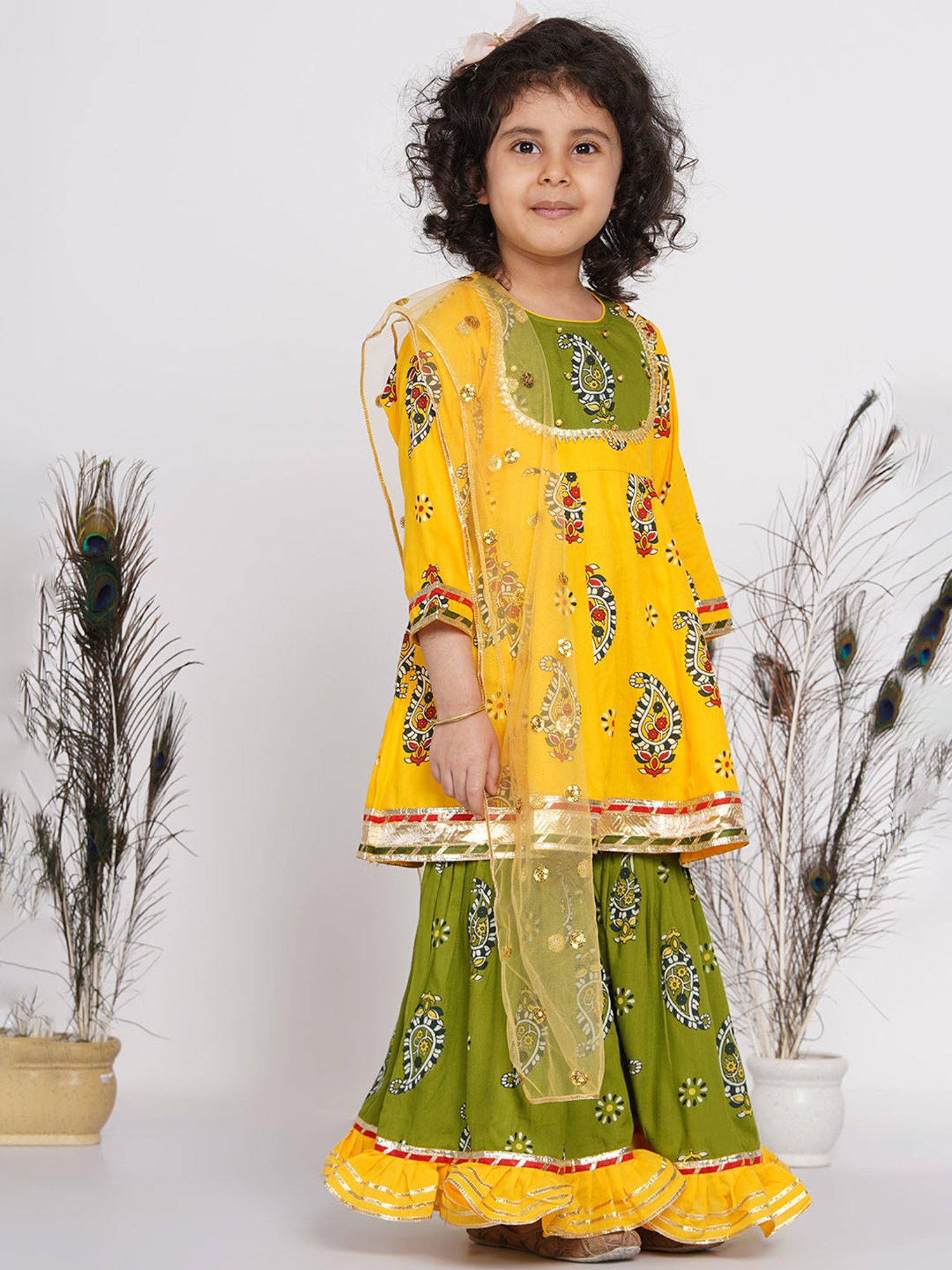 Little Bansi Yellow & Green Floral 1 Kurta, 1 Sharara & 1 Dupatta