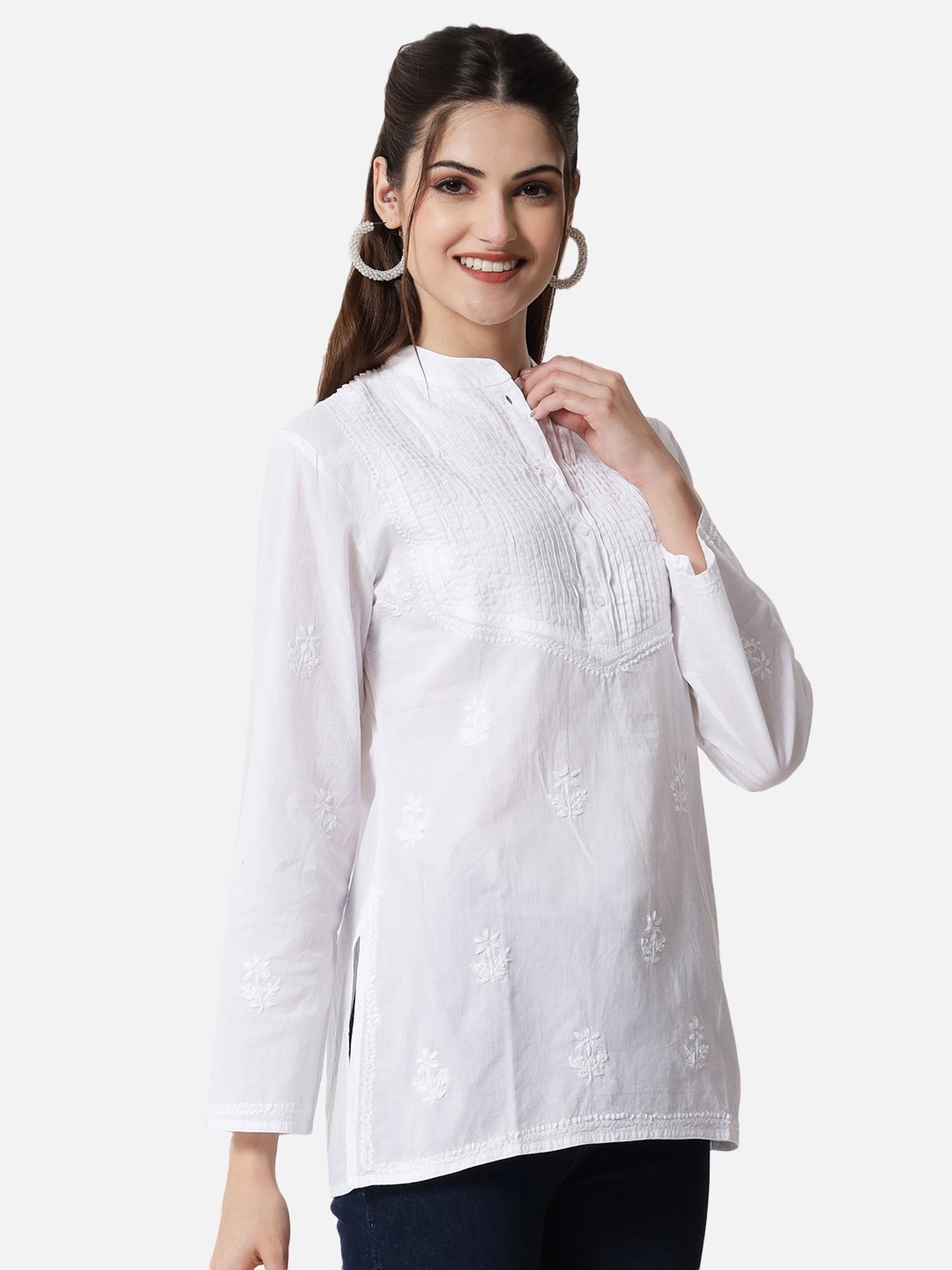 PARAMOUNT CHIKAN Pearl White Cotton Hand Embroidered Chikankari A Line Short Kurti