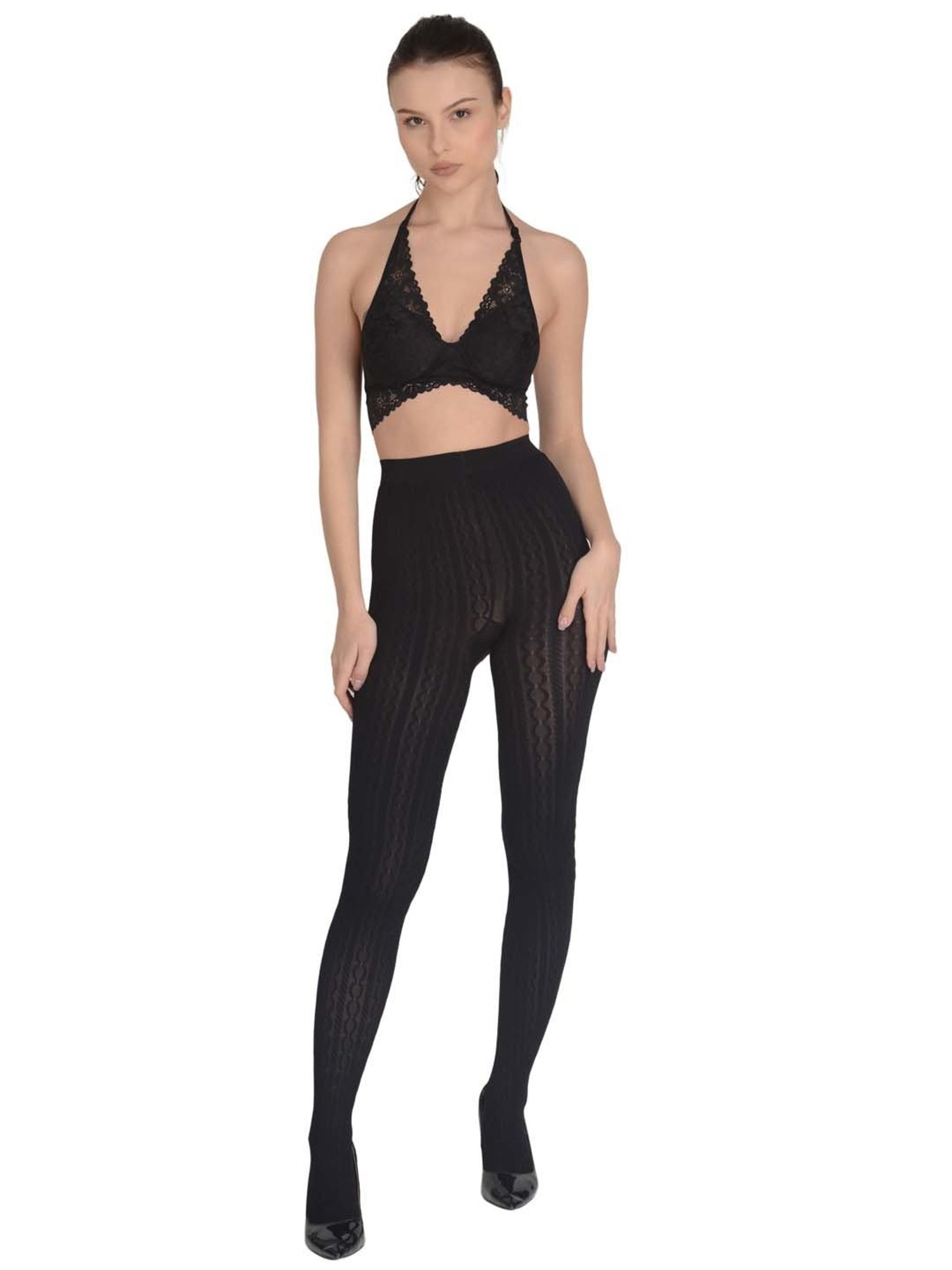 mod & shy Black Self Pattern Pantyhose Stockings