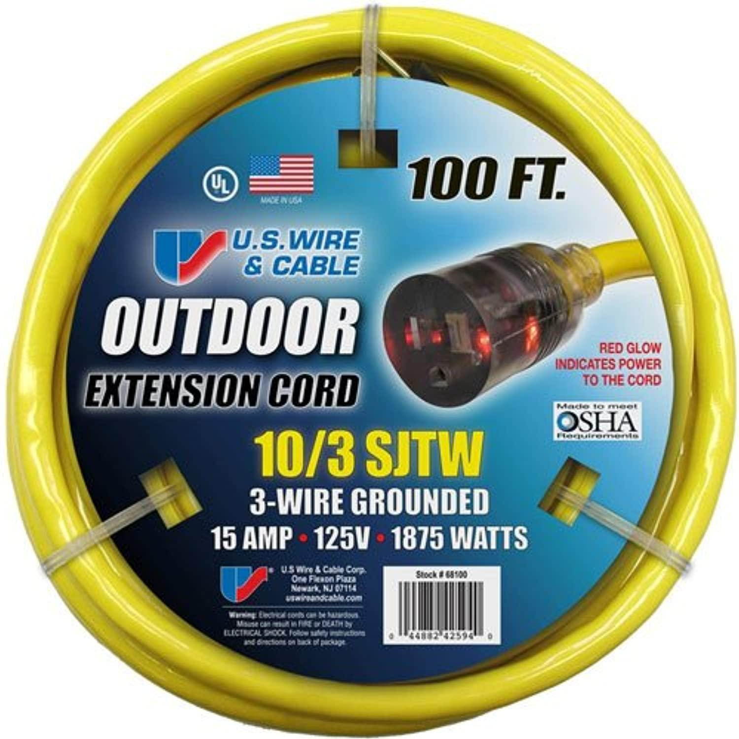us wire 68100 outdoor vinyl lighted yellow cord, lighted plug, 300v, sjtw, ul, cul, 10/3 gauge 100' length