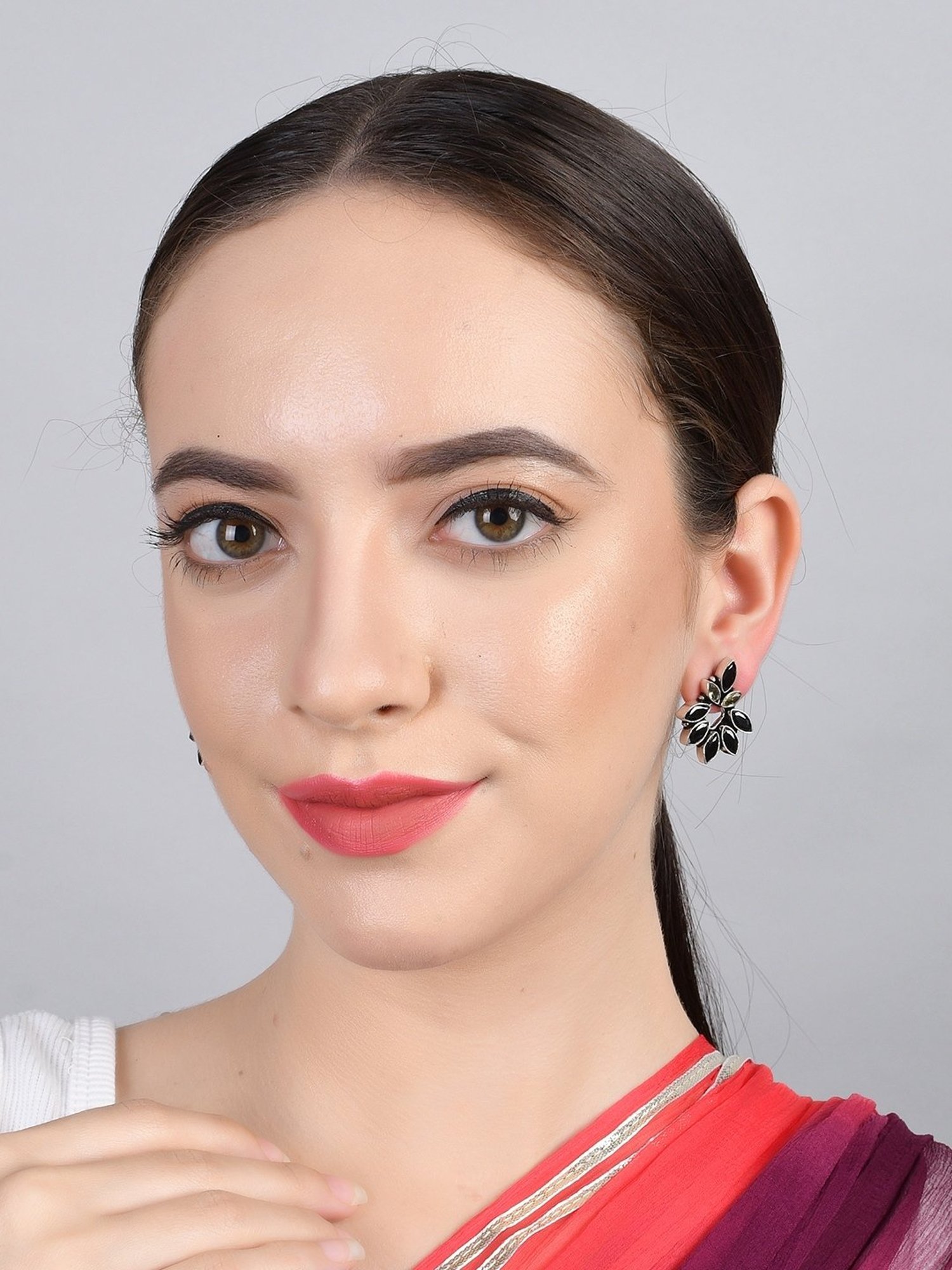 Imli Street Black Silver Tone Stone-Studded Handcrafted Stud Earrings