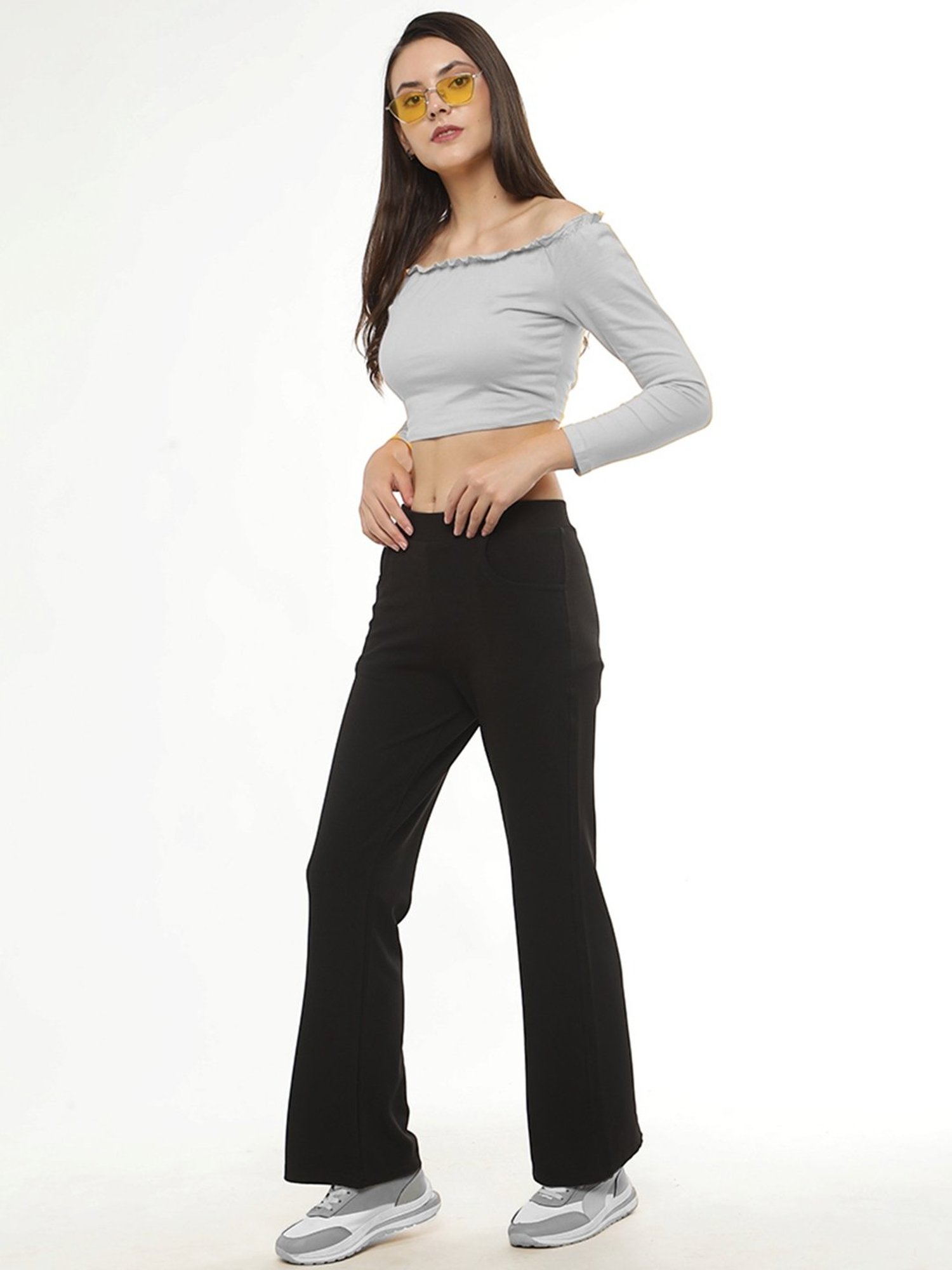 FITHUB Black Regular Fit High Rise Bootcut Trousers
