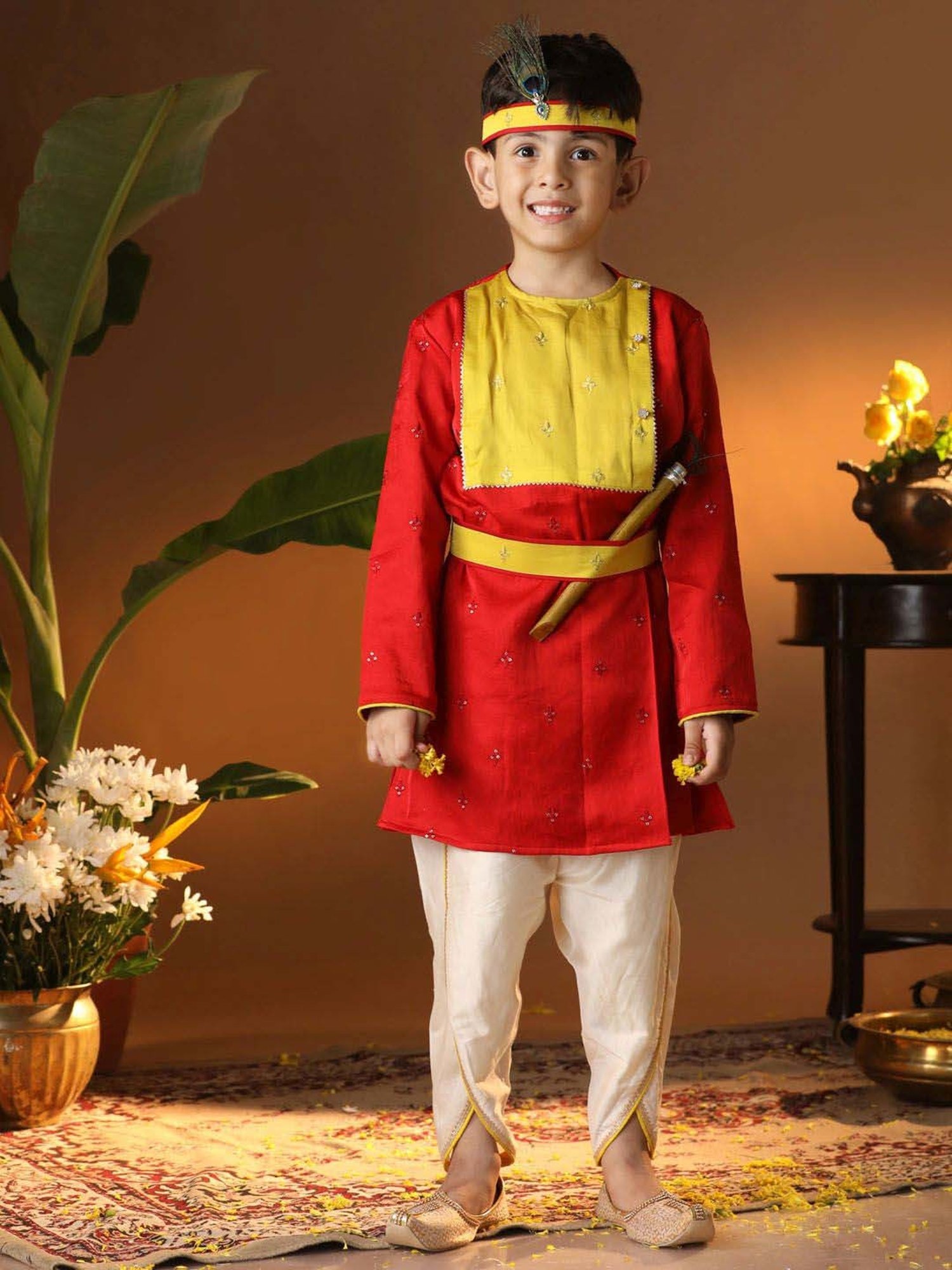 VASTRAMAY Boys Red & Cream Embroidery Full Sleeves Kurta Sets