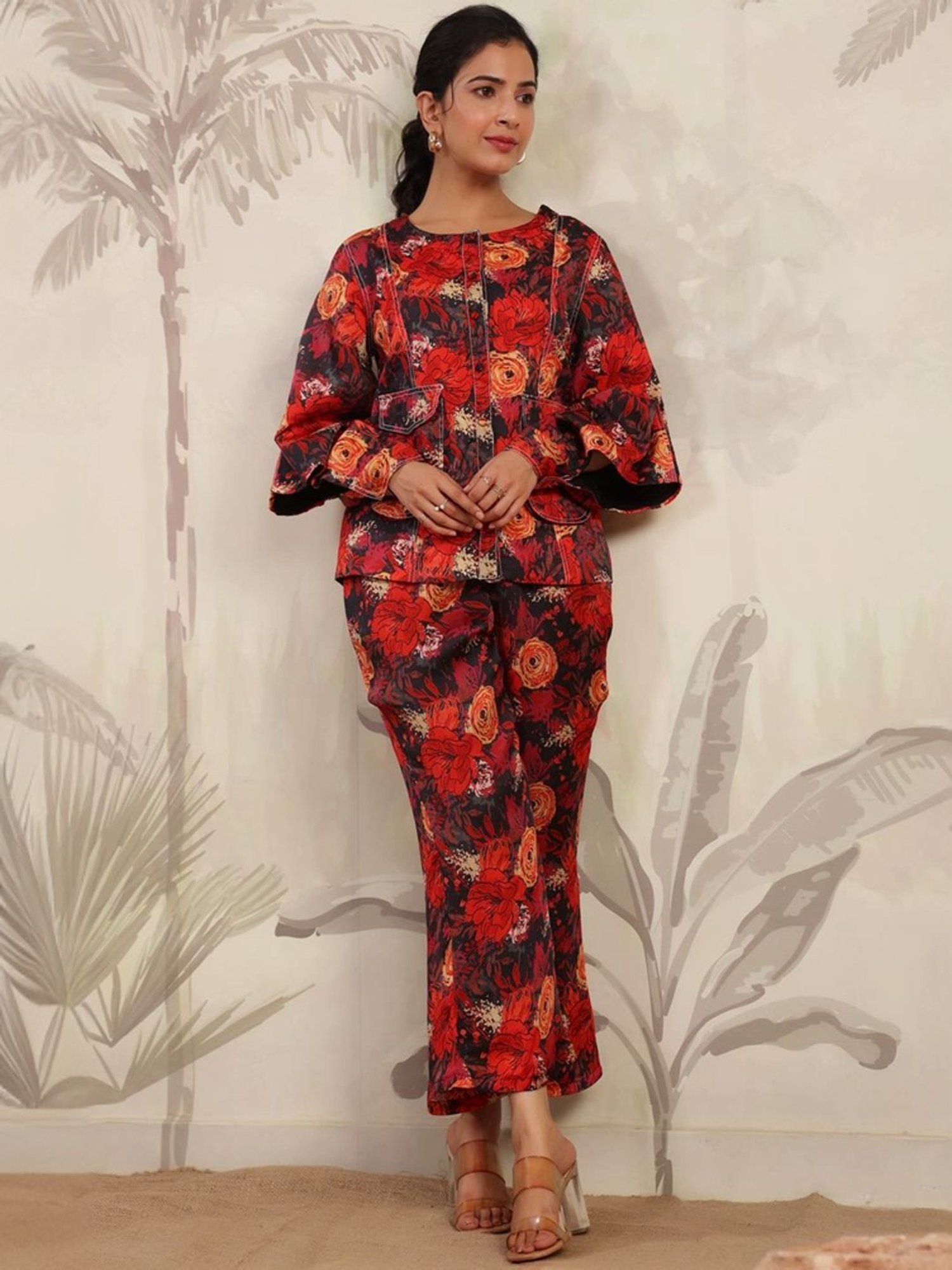 SCAKHI Black & Red Floral Print Top Pant Set