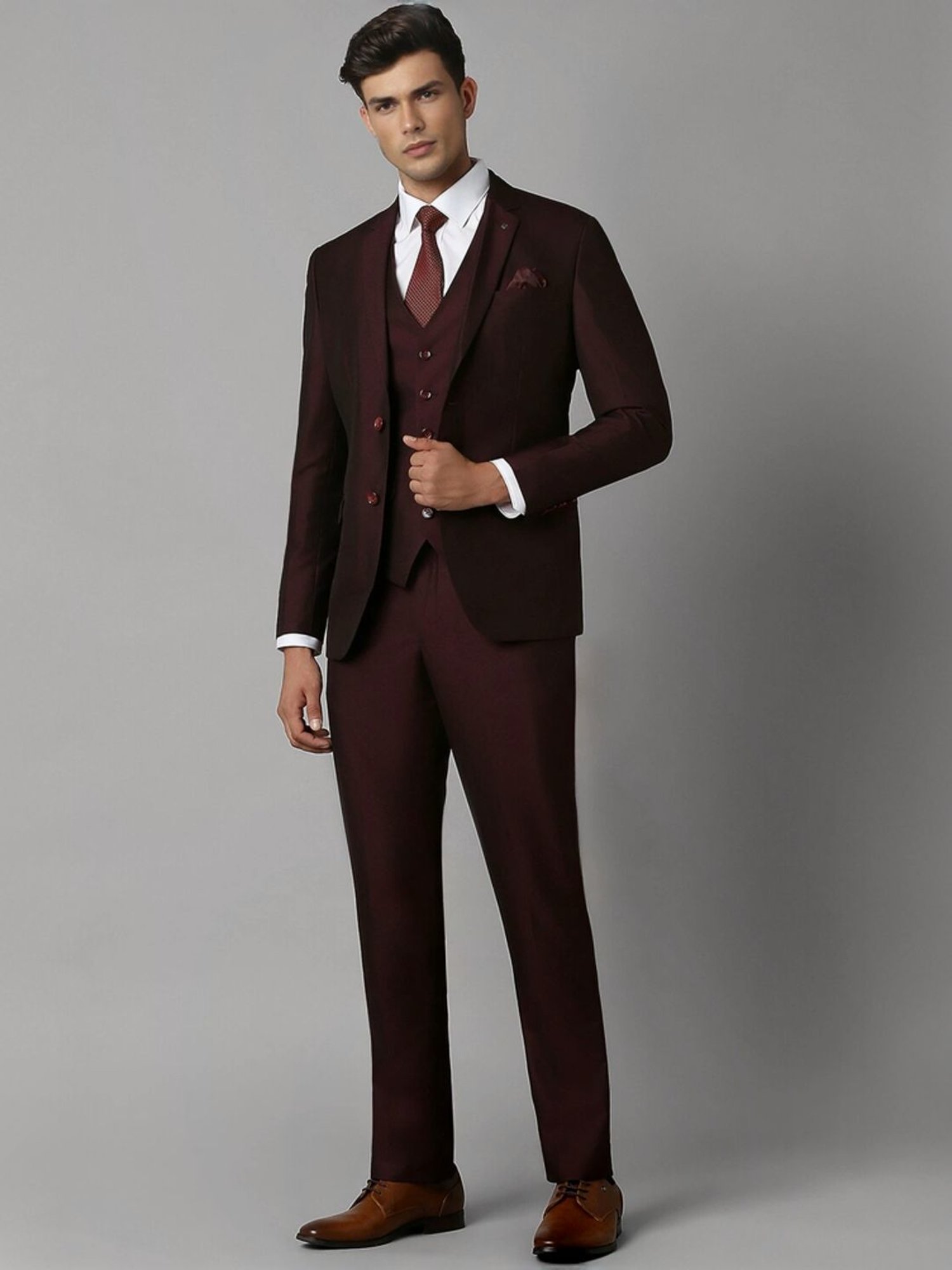 Louis Philippe Maroon Slim Fit Self Pattern Three Piece Suits