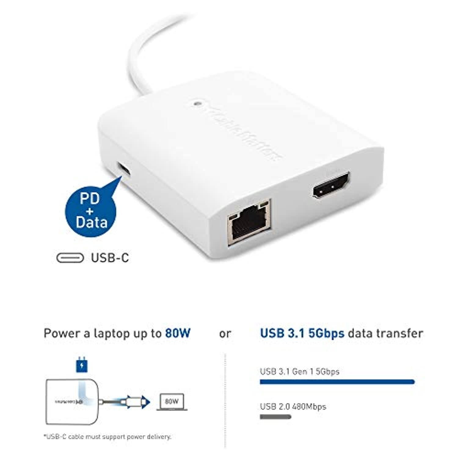 Cable Matters USB C Hub with HDMI 4K, 80W Charging, Gigabit Ethernet, and 3X USB in White - USB-C and Thunderbolt 3 Port Compatible with Surface Pro7, MacBook Pro, Dell XPS and More (201048-WHT)