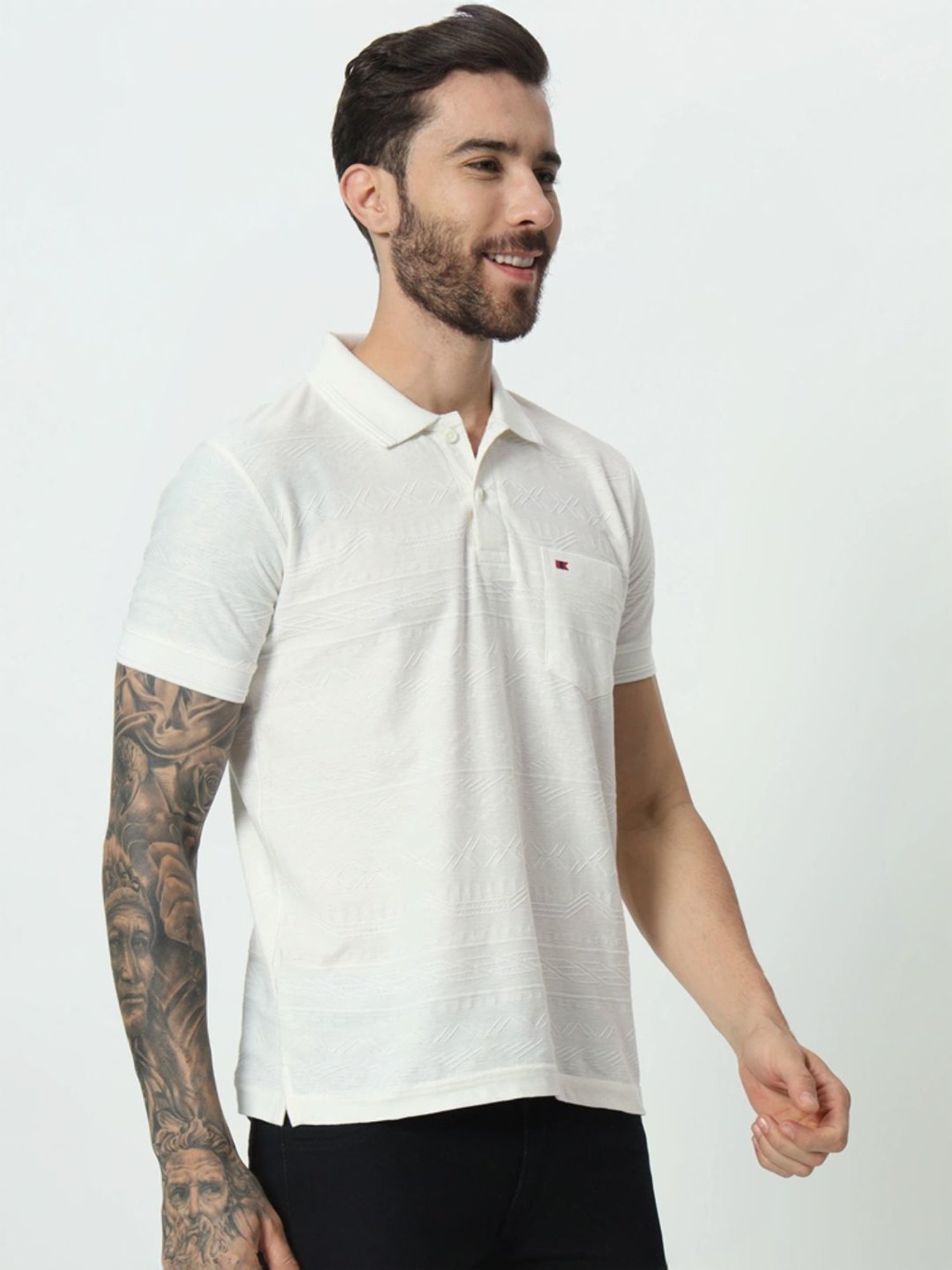 Tab91 White Regular Fit Self Pattern Polo T-Shirts