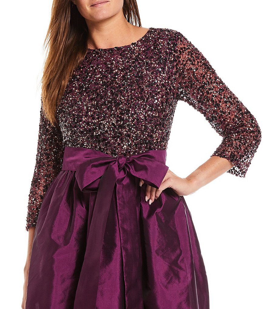 Pisarro Nights Beaded Bodice Taffeta Hi-Low Round Neck 3/4 Sleeve Dress