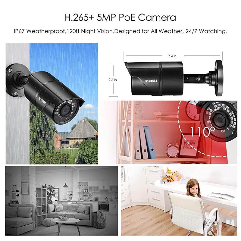 H.265+ 5MP PoE Home Security Camera System, Ultra HD PoE NVR 8 Channel with 1TB HDD for 24/7 Recording, 4X 5MP Weatherproof IP PoE Cameras Outdoor Indoor,120ft Night Vision, Remote Access