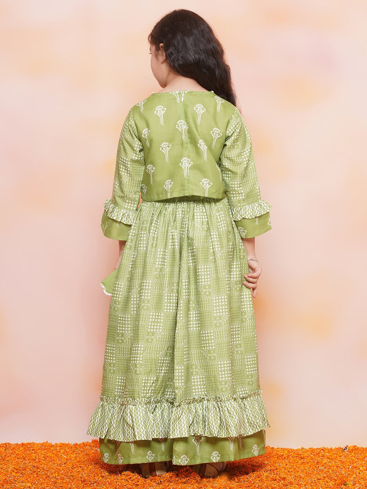 AJ Dezines Kids Olive Printed Lehenga with Choli