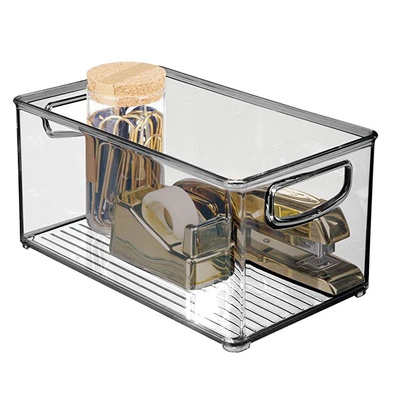 Stackable Plastic Storage Bin Container with Handles for Home Office - Holds Gel Pens, Erasers, Tape, Pens, Pencils, Markers, Notepads, Highlighters, Staplers - 5" High, 4 Pack - Smoke Gray