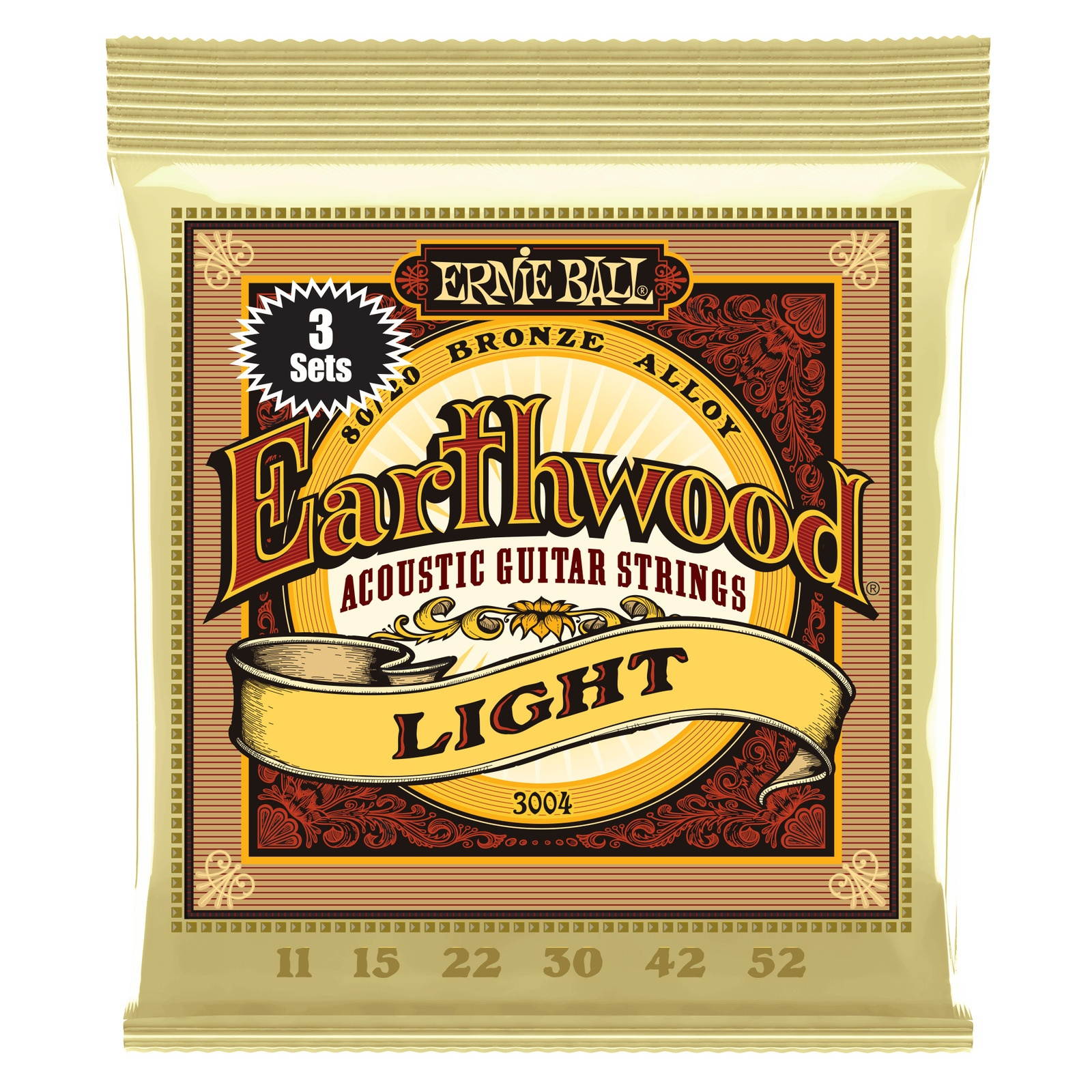 3-Pack Ernie Ball 2004 Earthwood Light Acoustic Guitar Strings 11-52 3004