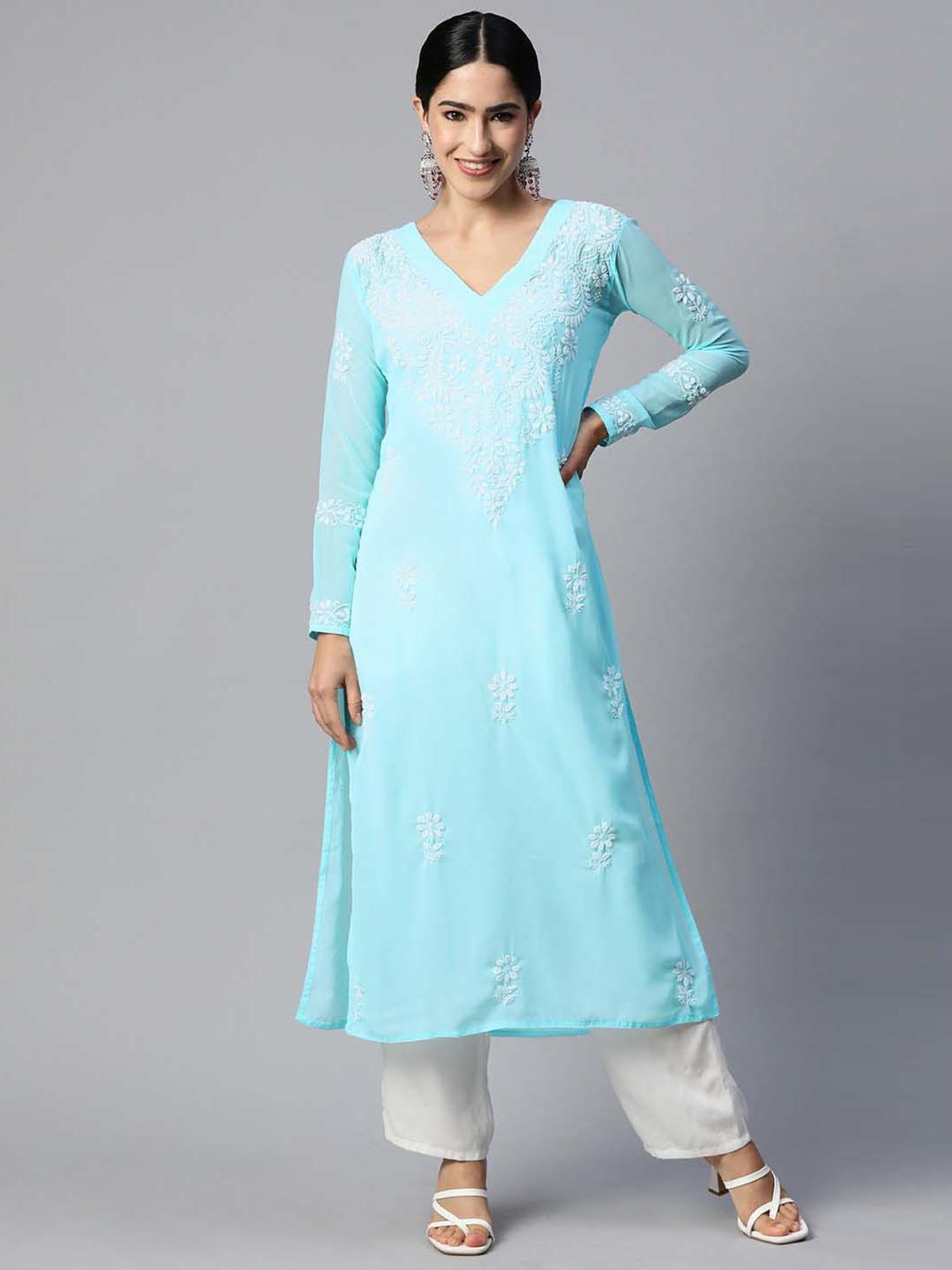 SHADES Sky Blue Chikankari Straight Kurta