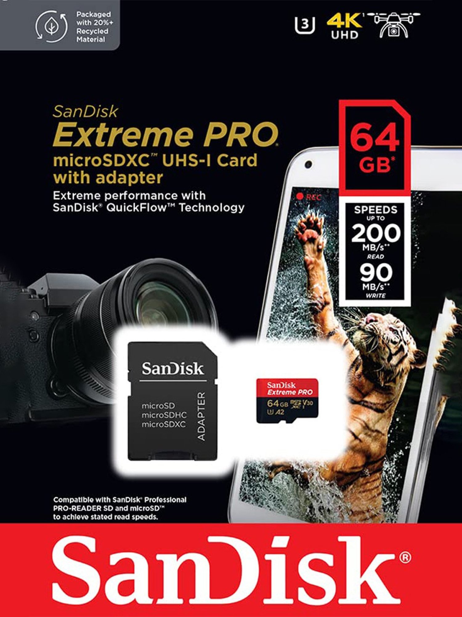 SanDisk 64GB Extreme Pro microSD UHS I Card (Red/Black)