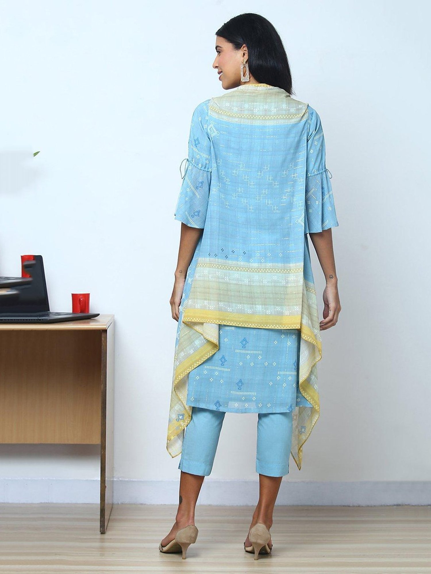 Biba Blue Printed Kurta & Pant Set With Shrug