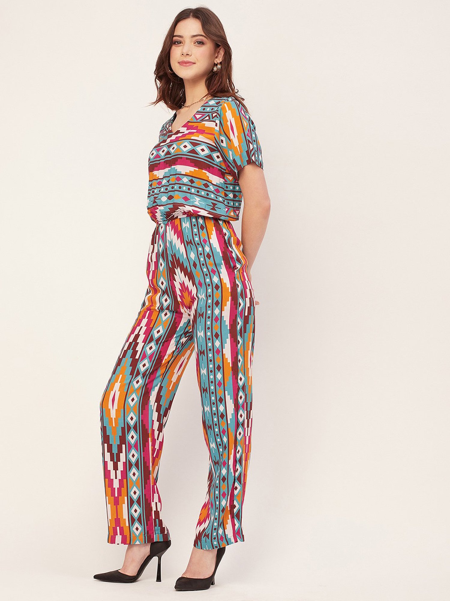 Moomaya Turquoise & White Printed Jumpsuit