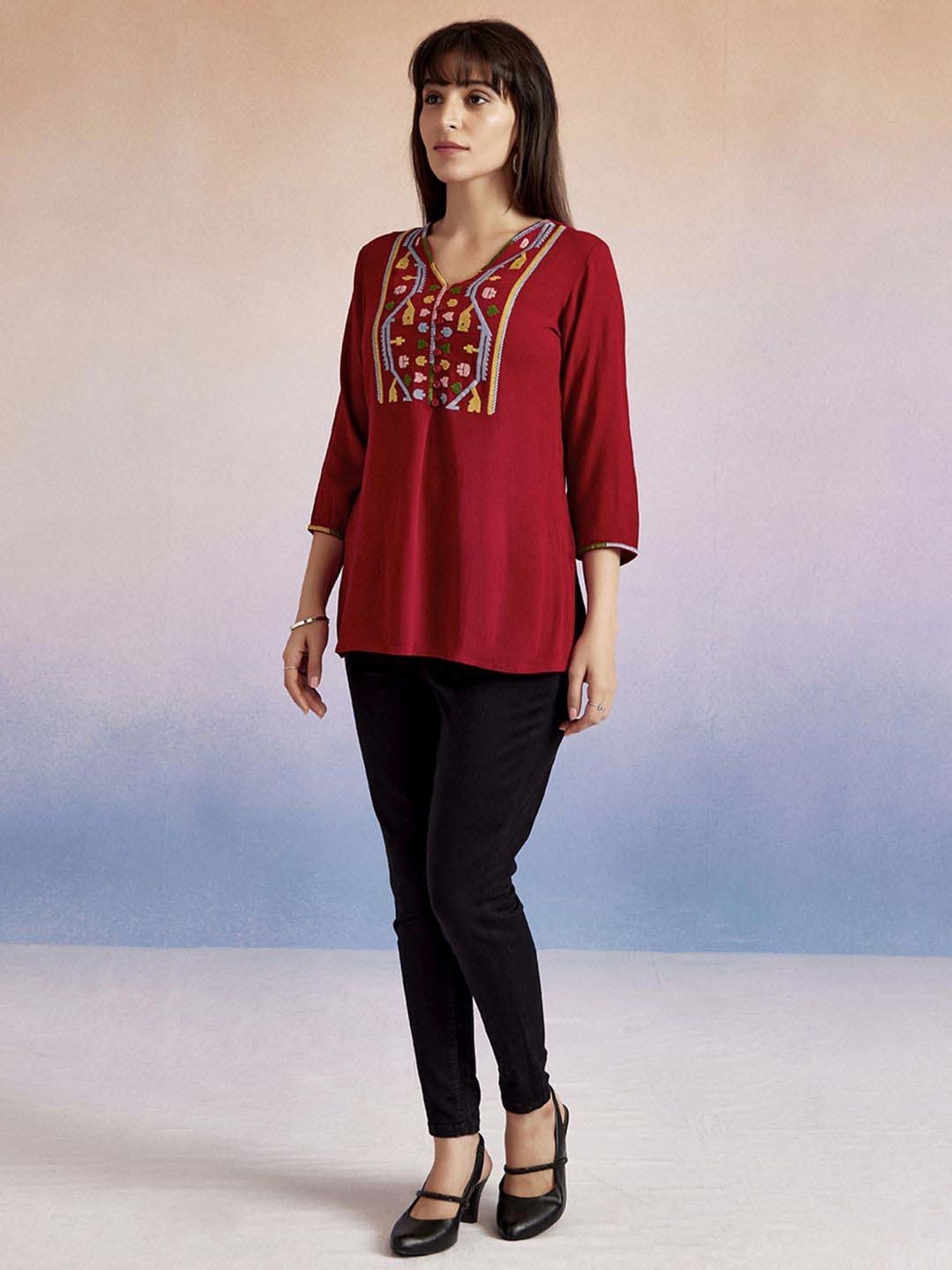 Jaipur Kurti Red Embroidered Top